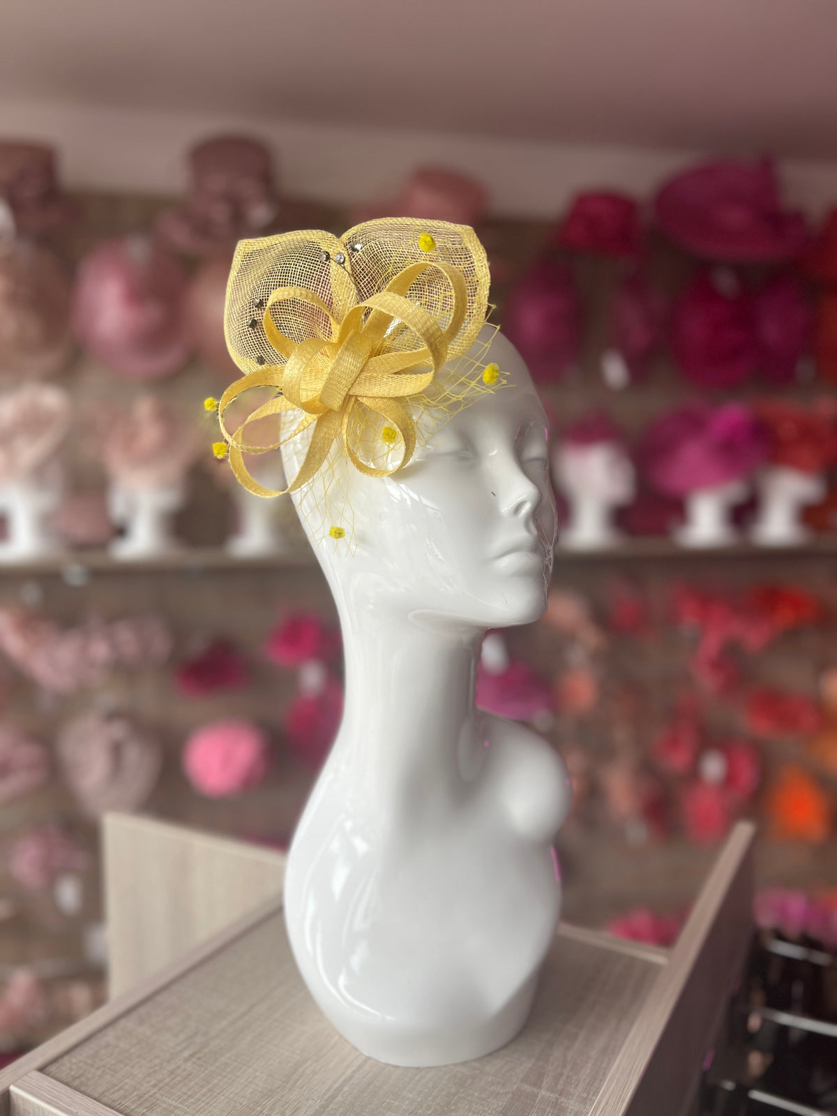Lemon Hair Fascinator With Netting &amp; Diamantes-Fascinators Direct