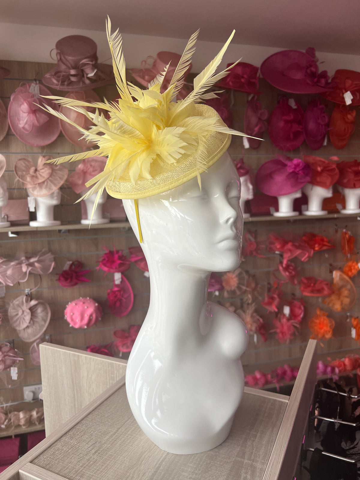 Lemon Pillbox Fascinator With Feather Flowers &amp; Feather Quill-Fascinators Direct