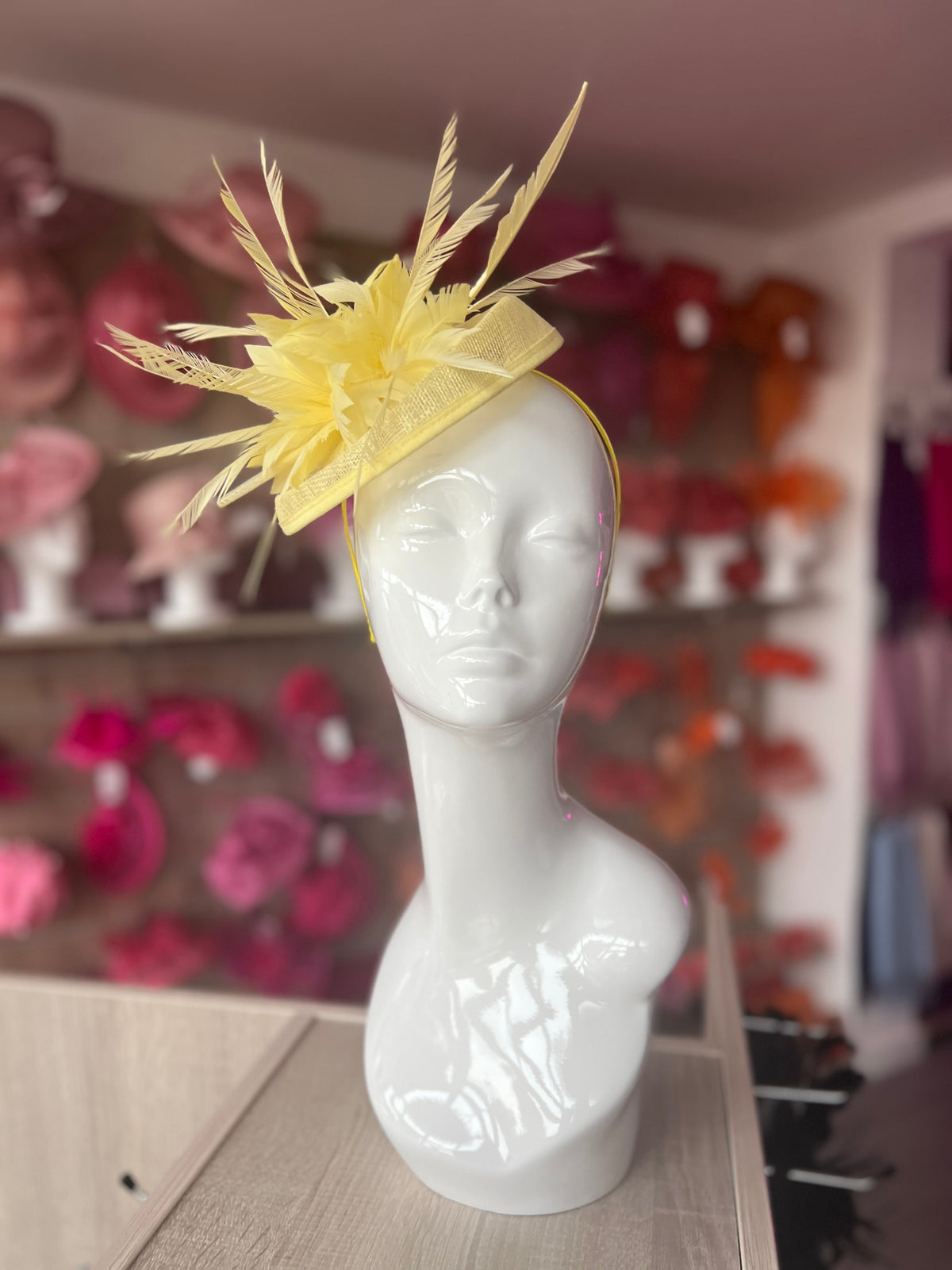 Lemon Pillbox Fascinator With Feather Flowers &amp; Feather Quill-Fascinators Direct