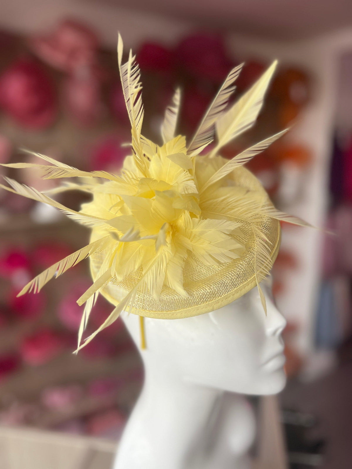 Lemon Pillbox Fascinator With Feather Flowers &amp; Feather Quill-Fascinators Direct
