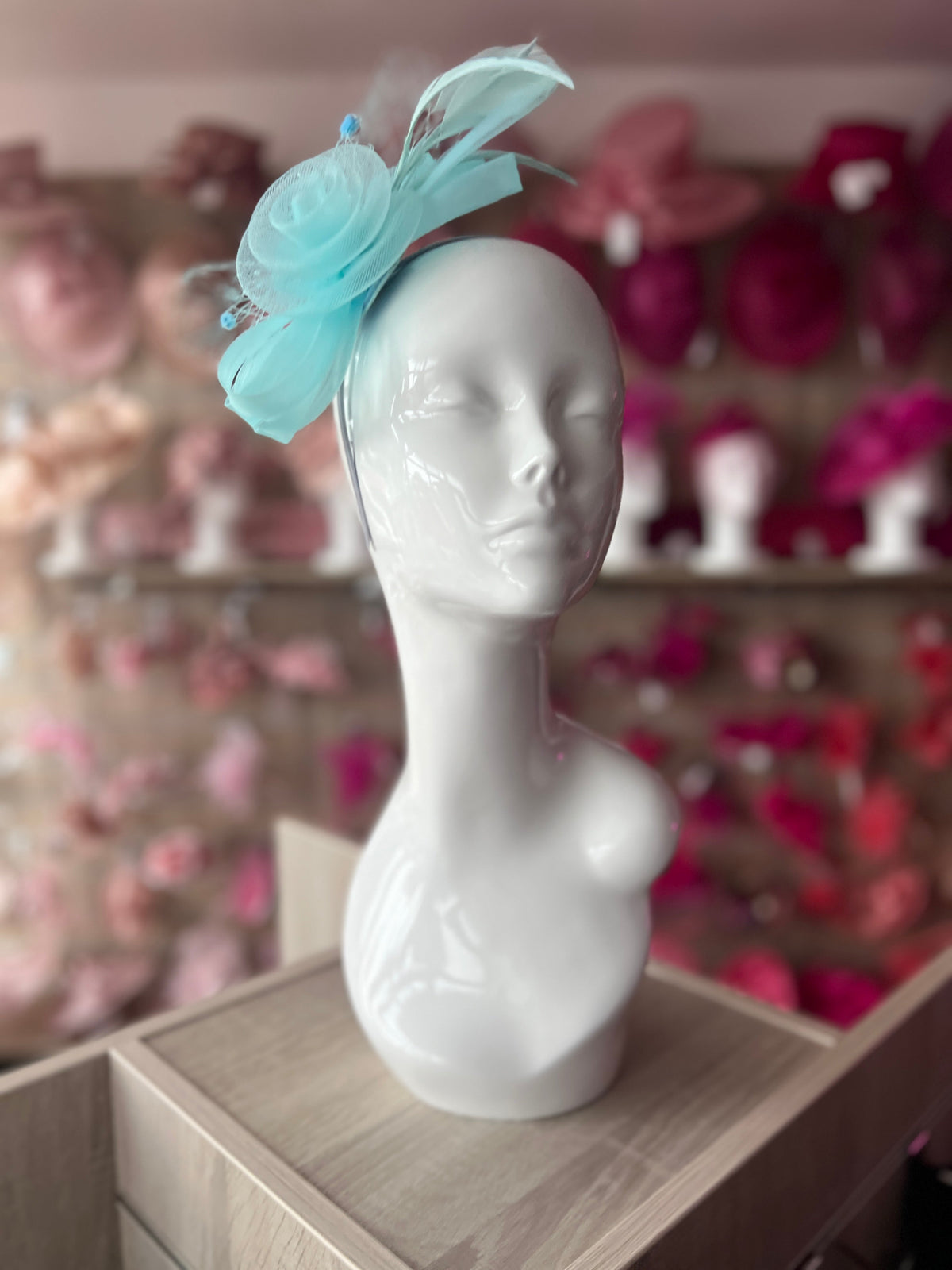 Light Aqua/ Light Blue Crinoline Fascinator with Beads, Loops &amp; Netting-Fascinators Direct