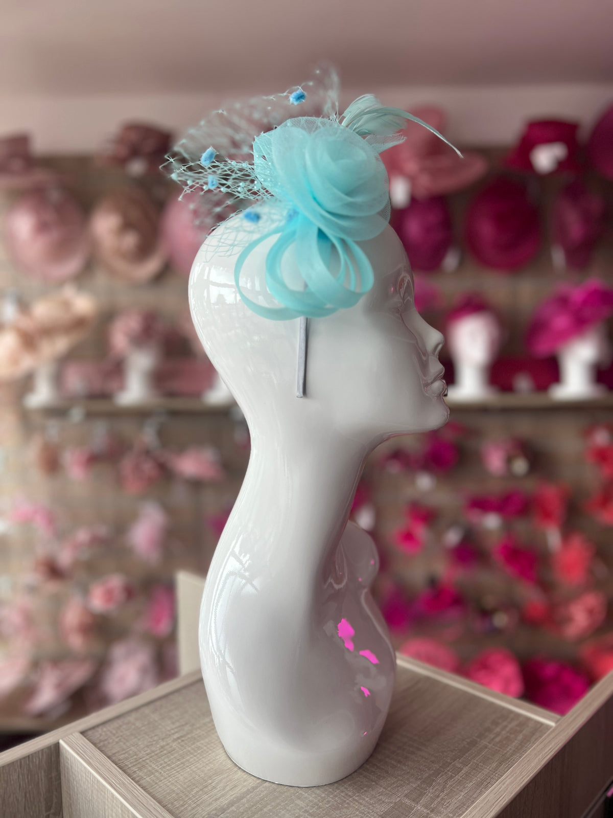 Light Aqua/ Light Blue Crinoline Fascinator with Beads, Loops &amp; Netting-Fascinators Direct