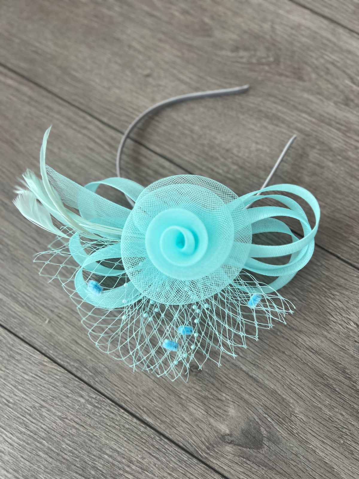 Light Aqua/ Light Blue Crinoline Fascinator with Beads, Loops &amp; Netting-Fascinators Direct
