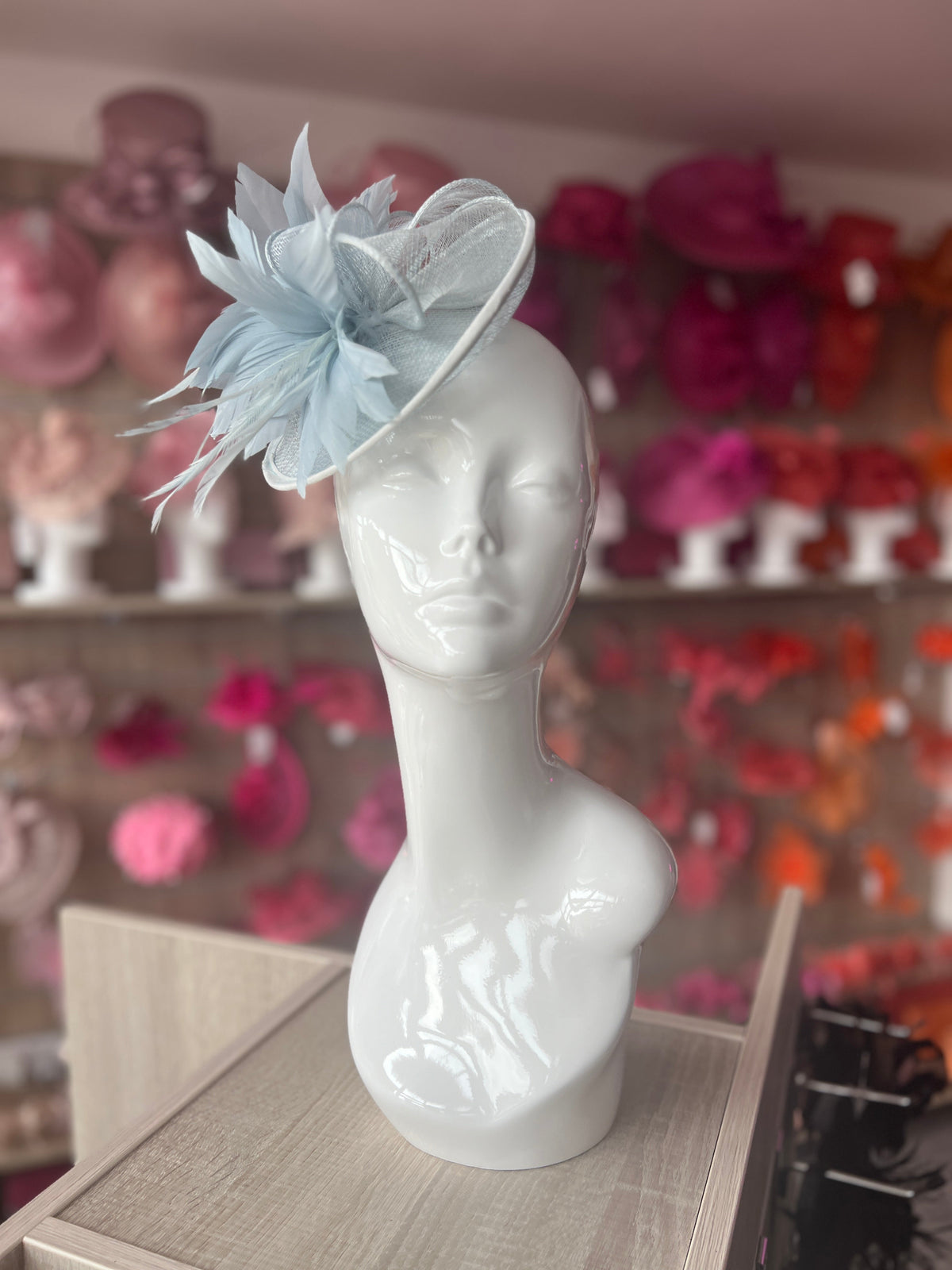 Light Blue Disc Fascinator With Sinamay Bow &amp; Feather Flowers-Fascinators Direct