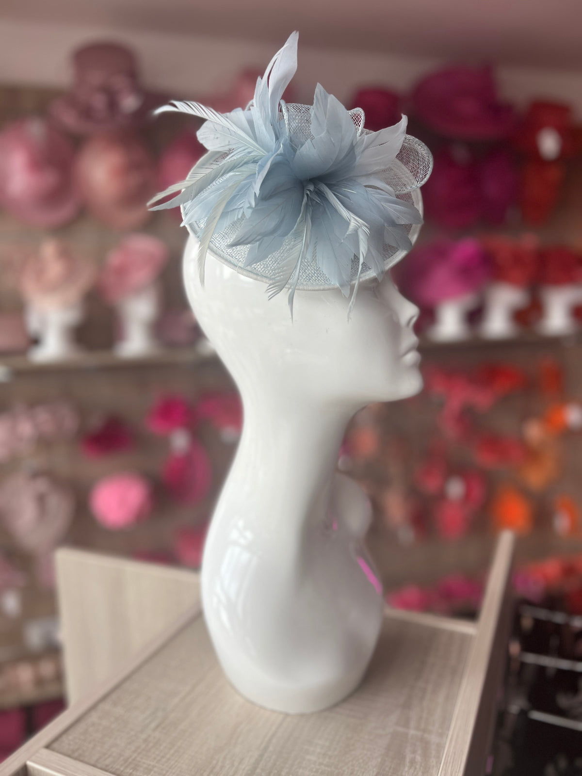 Light Blue Disc Fascinator With Sinamay Bow &amp; Feather Flowers-Fascinators Direct
