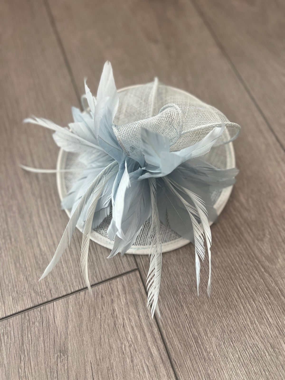 Light Blue Disc Fascinator With Sinamay Bow &amp; Feather Flowers-Fascinators Direct