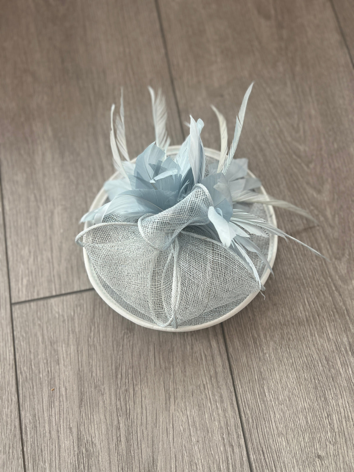 Light Blue Disc Fascinator With Sinamay Bow &amp; Feather Flowers-Fascinators Direct