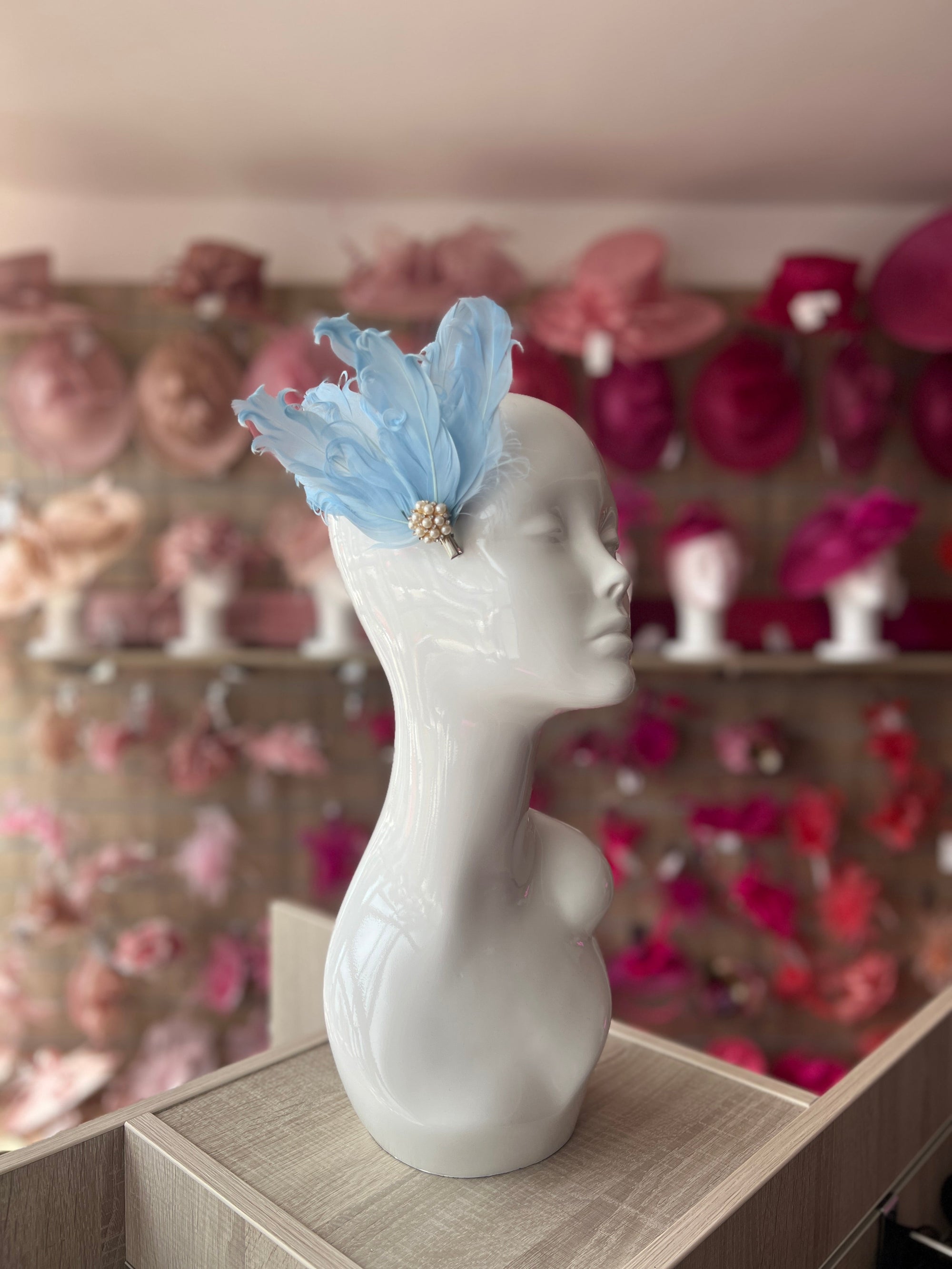 Light Blue Fascinator Clip with Vintage Feathers & Pearls-Fascinators Direct