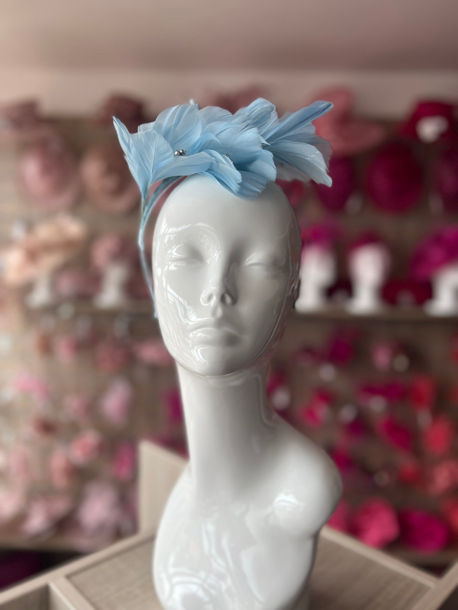 Light Blue Fascinator Headband with Feather Petals & Diamanté-Fascinators Direct