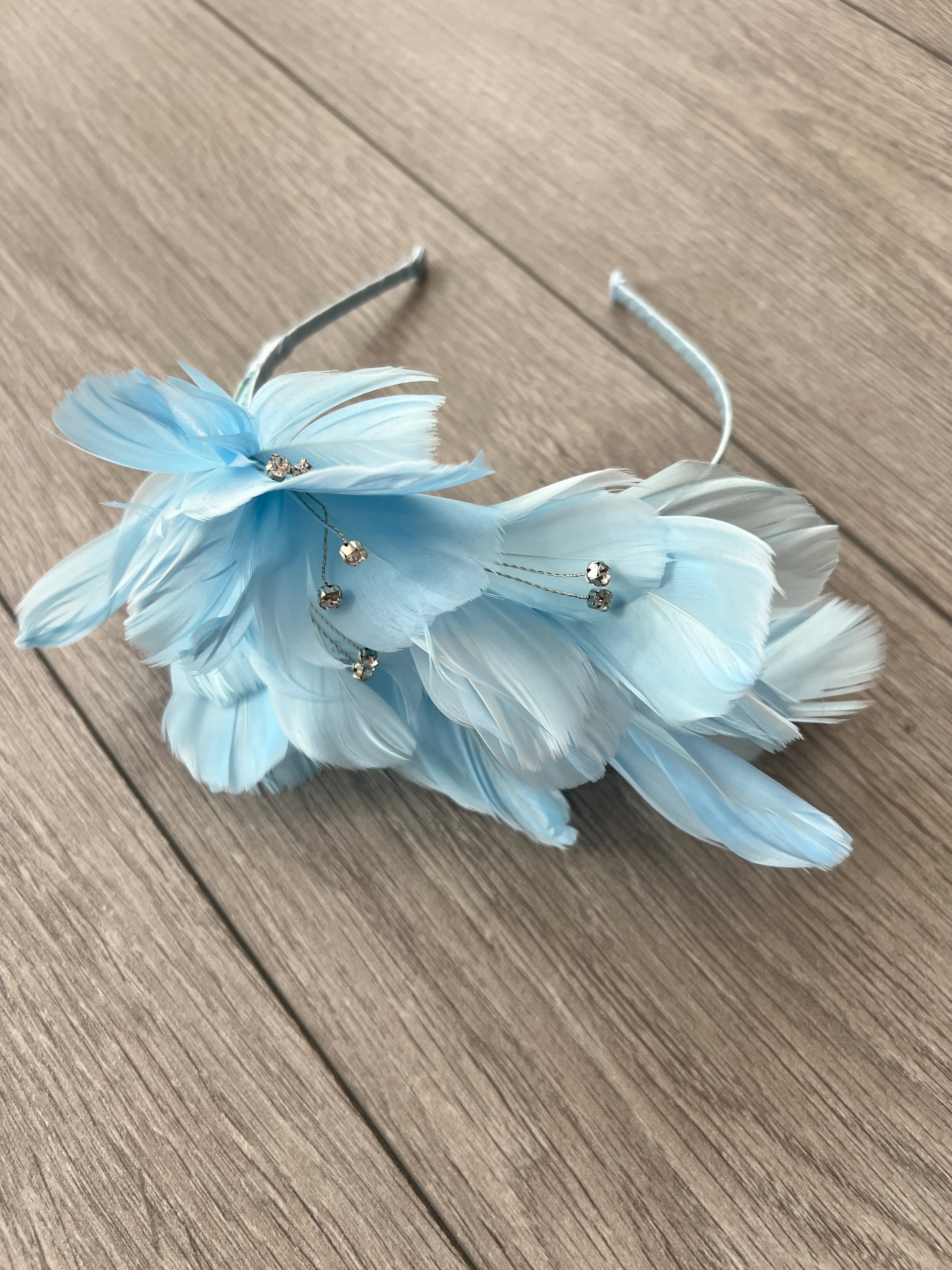 Light Blue Fascinator Headband with Feather Petals & Diamanté display picture 2