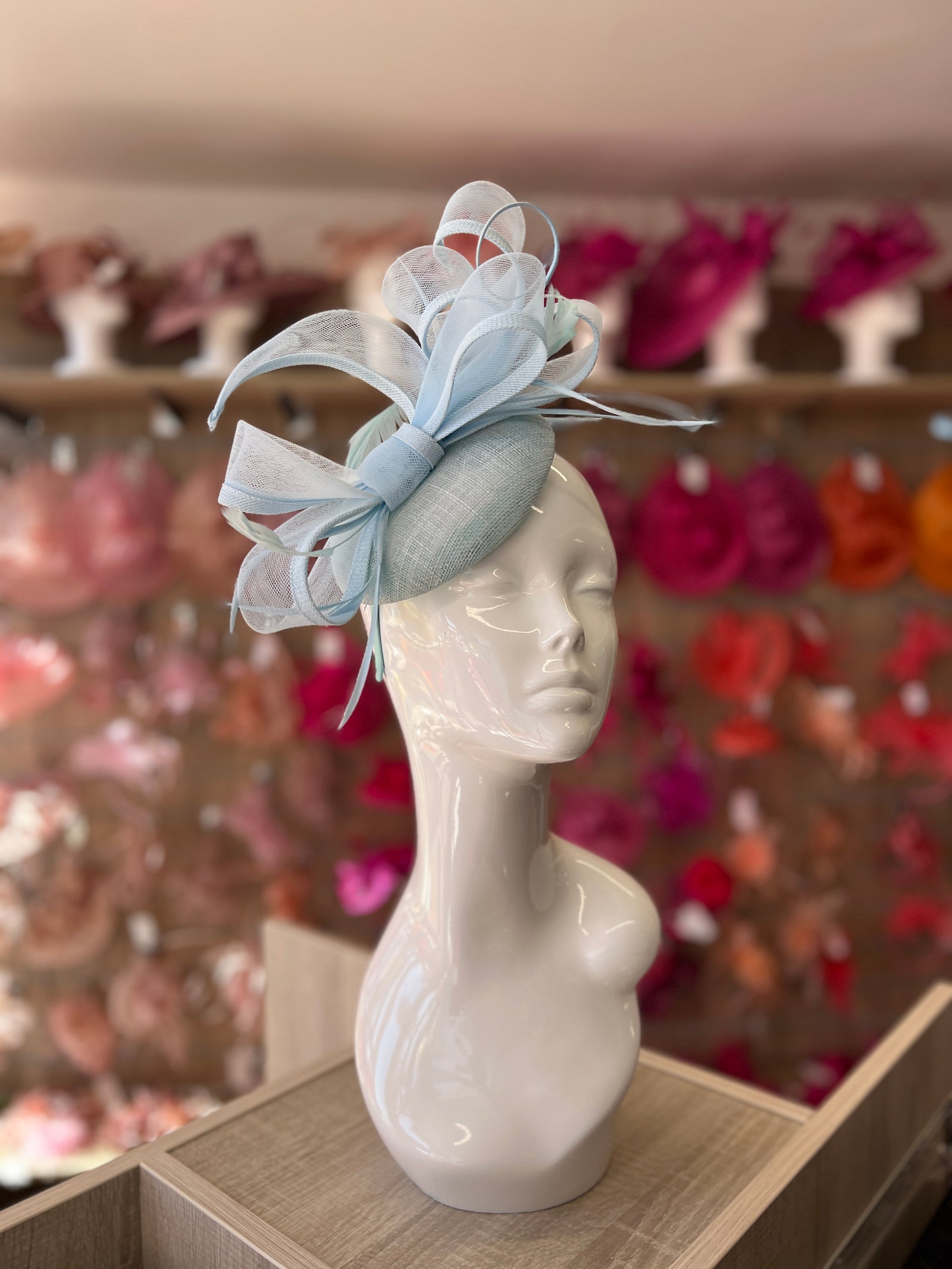 Light Blue Pill Box Bow Feather Fascinator-Fascinators Direct