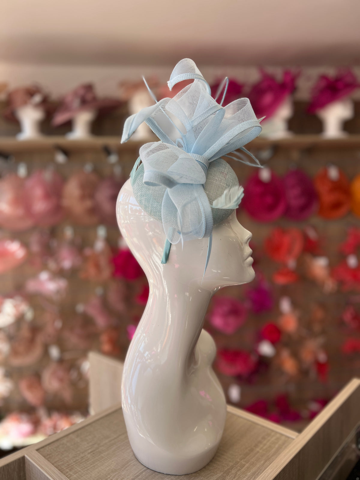 Light Blue Pill Box Bow Feather Fascinator-Fascinators Direct