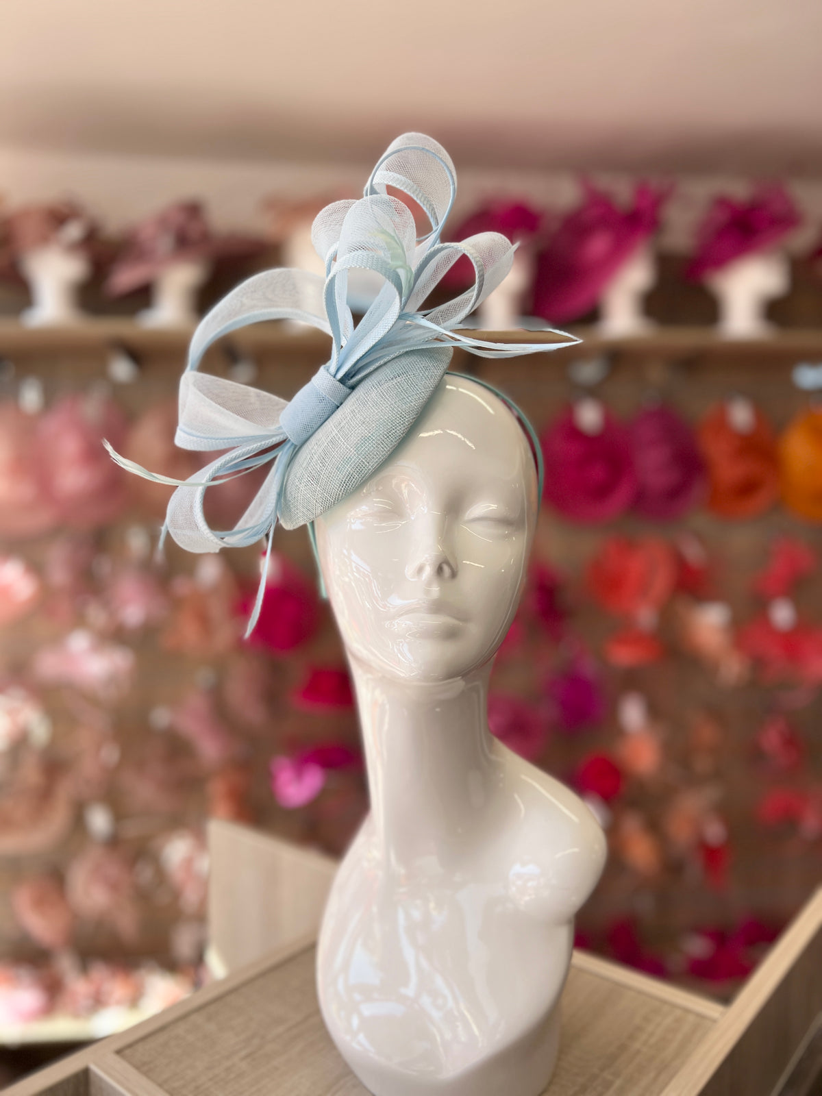 Light Blue Pill Box Bow Feather Fascinator-Fascinators Direct