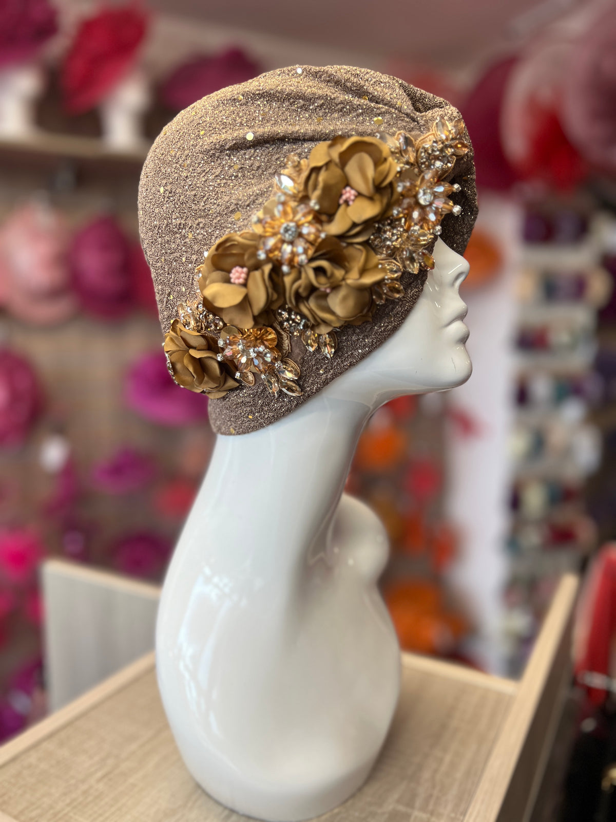 Light Brown Floral Sequin Crystal Turban Hat-Fascinators Direct