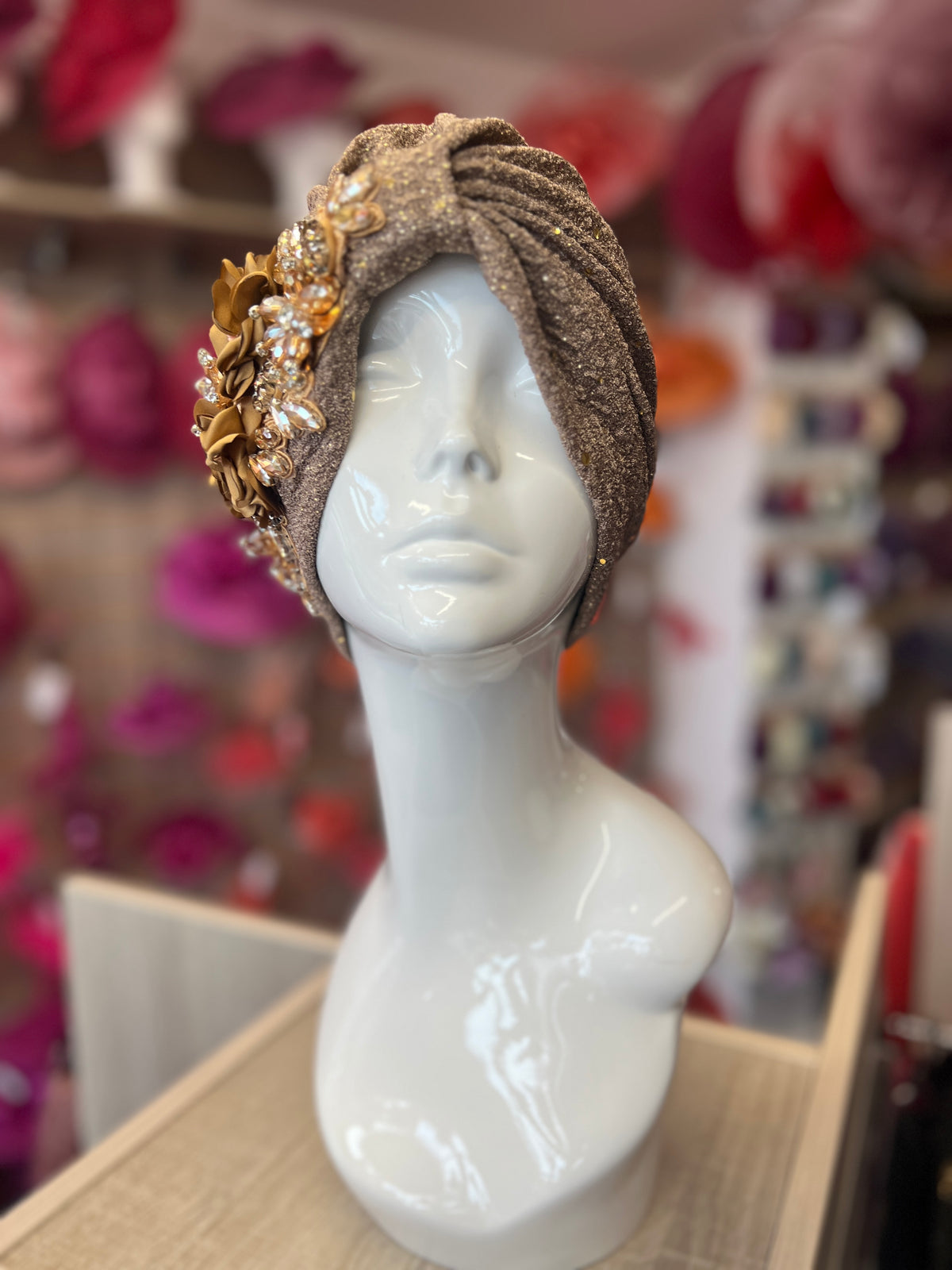 Light Brown Floral Sequin Crystal Turban Hat-Fascinators Direct