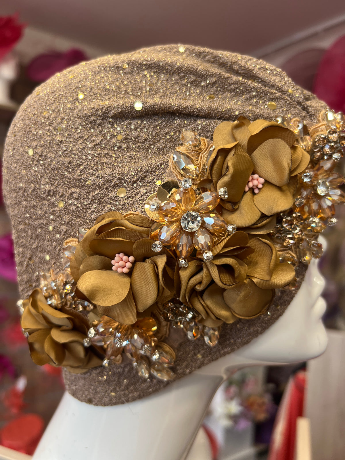 Light Brown Floral Sequin Crystal Turban Hat-Fascinators Direct