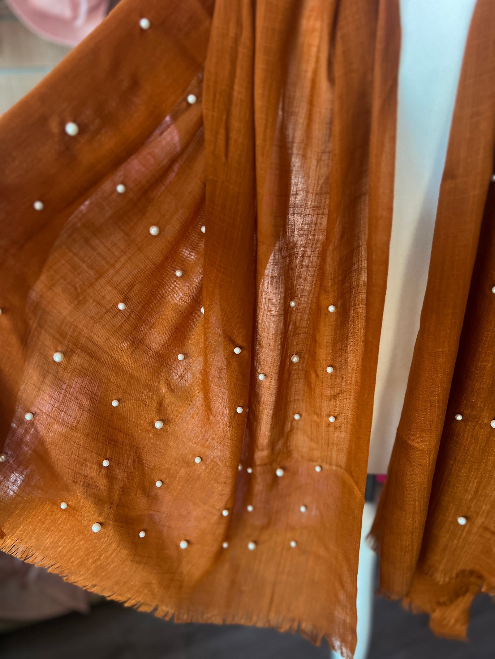 Light Brown Pashmina Scarf With Pearl Detail-Fascinators Direct