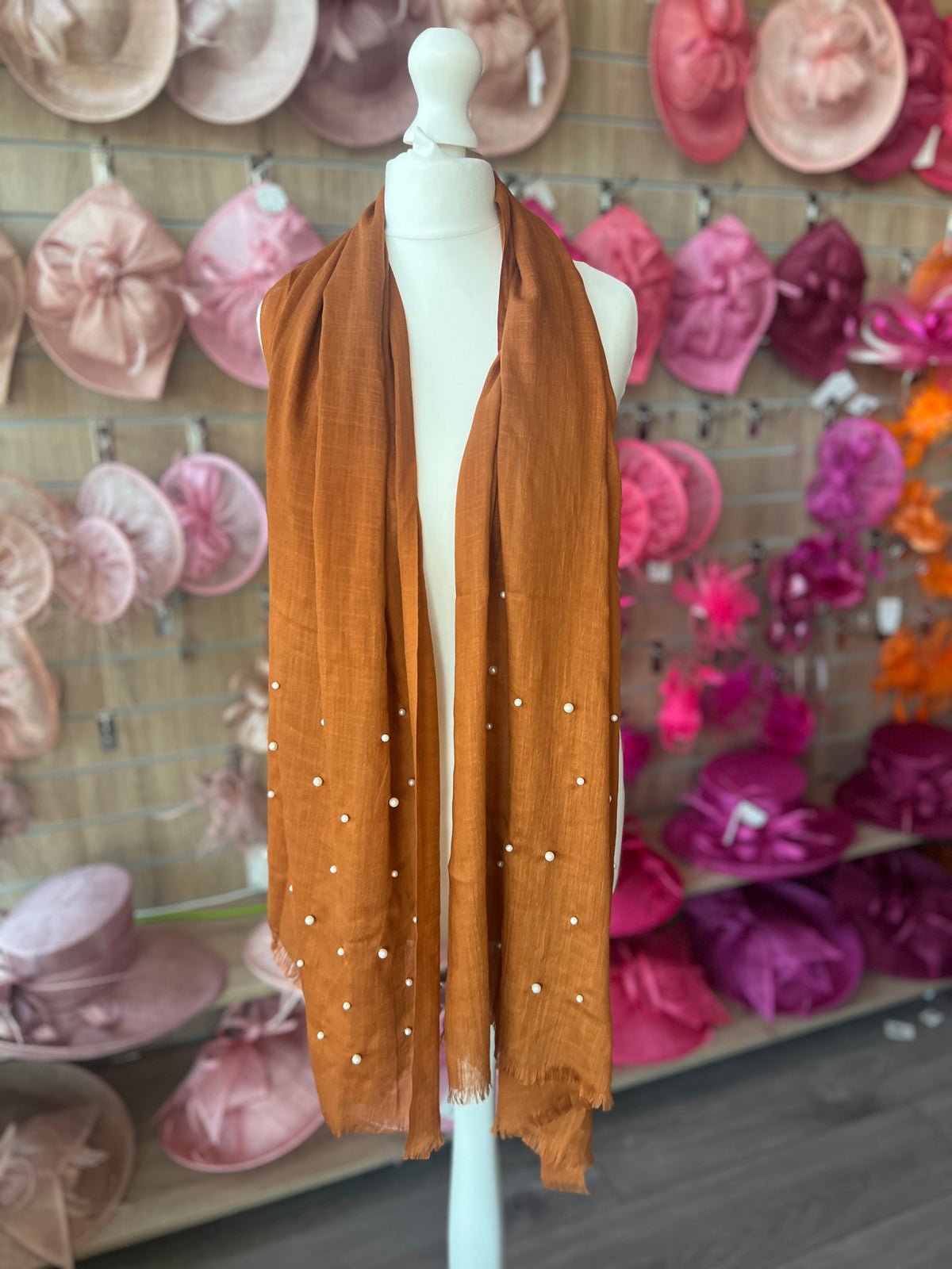 Light Brown Pashmina Scarf With Pearl Detail-Fascinators Direct