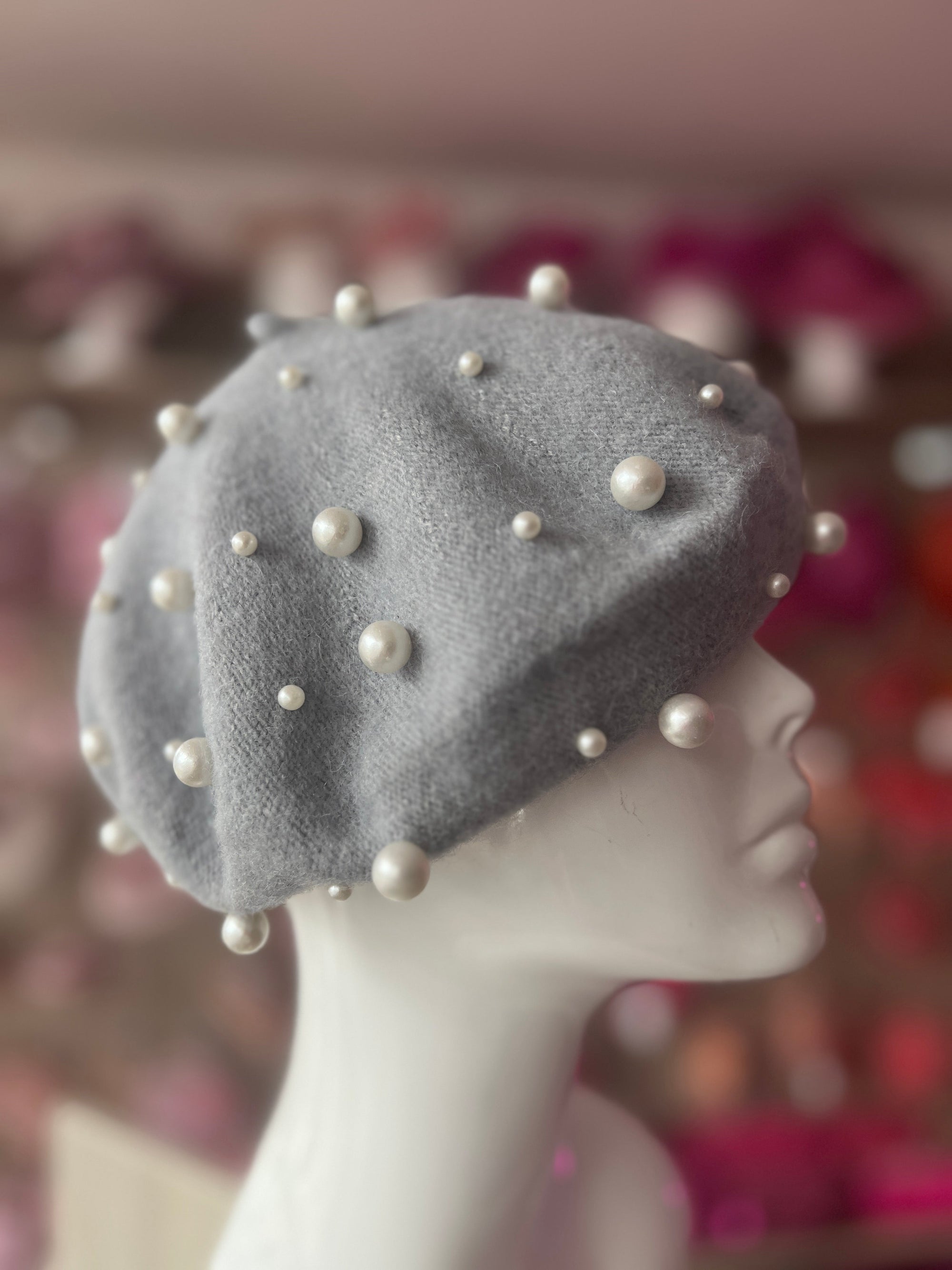 Light Grey Pearl Embellished Beret Hat-Fascinators Direct