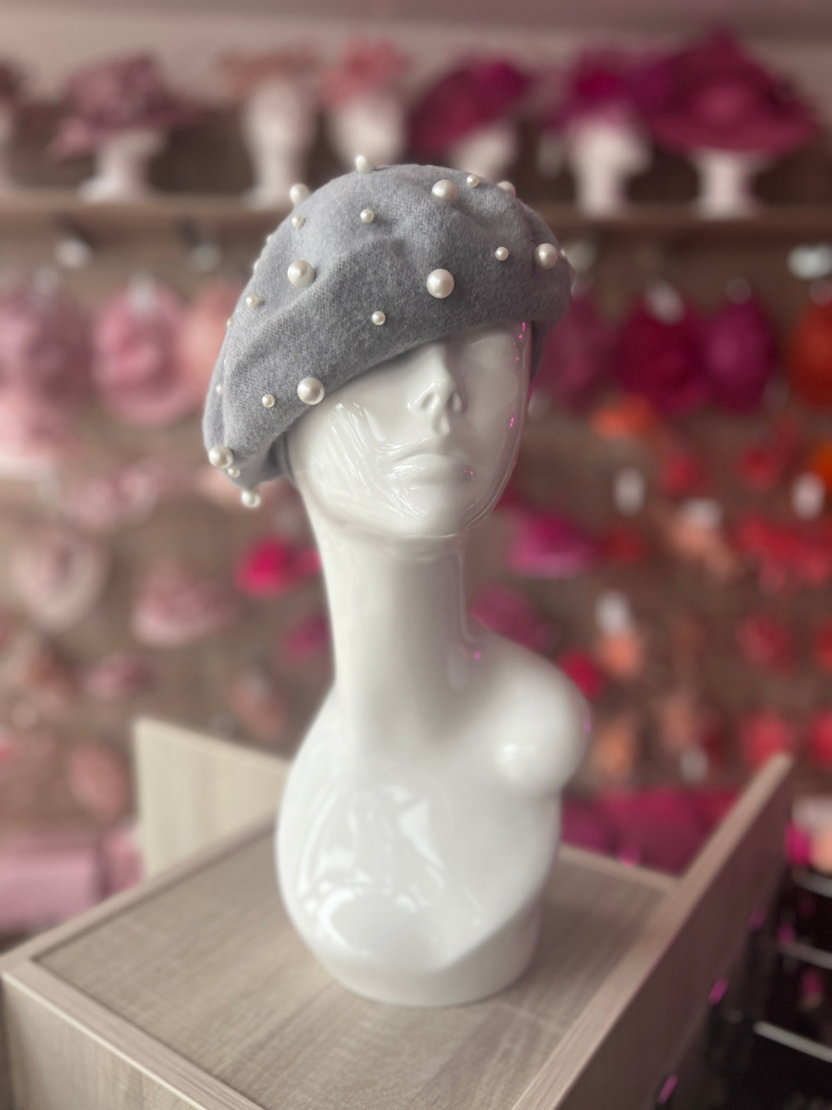 Light Grey Pearl Embellished Beret Hat-Fascinators Direct