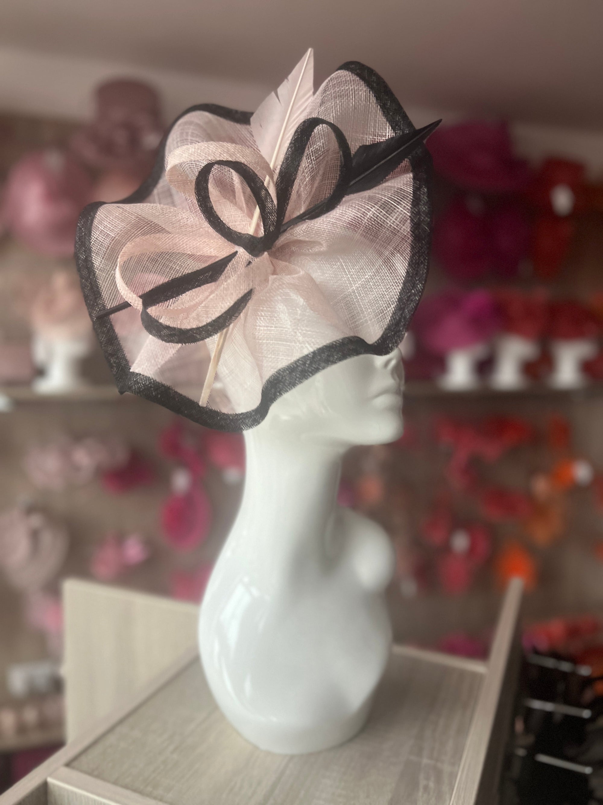 Light Pink & Black Large Fascinator with Ruched Sinamay & Feathers-Fascinators Direct