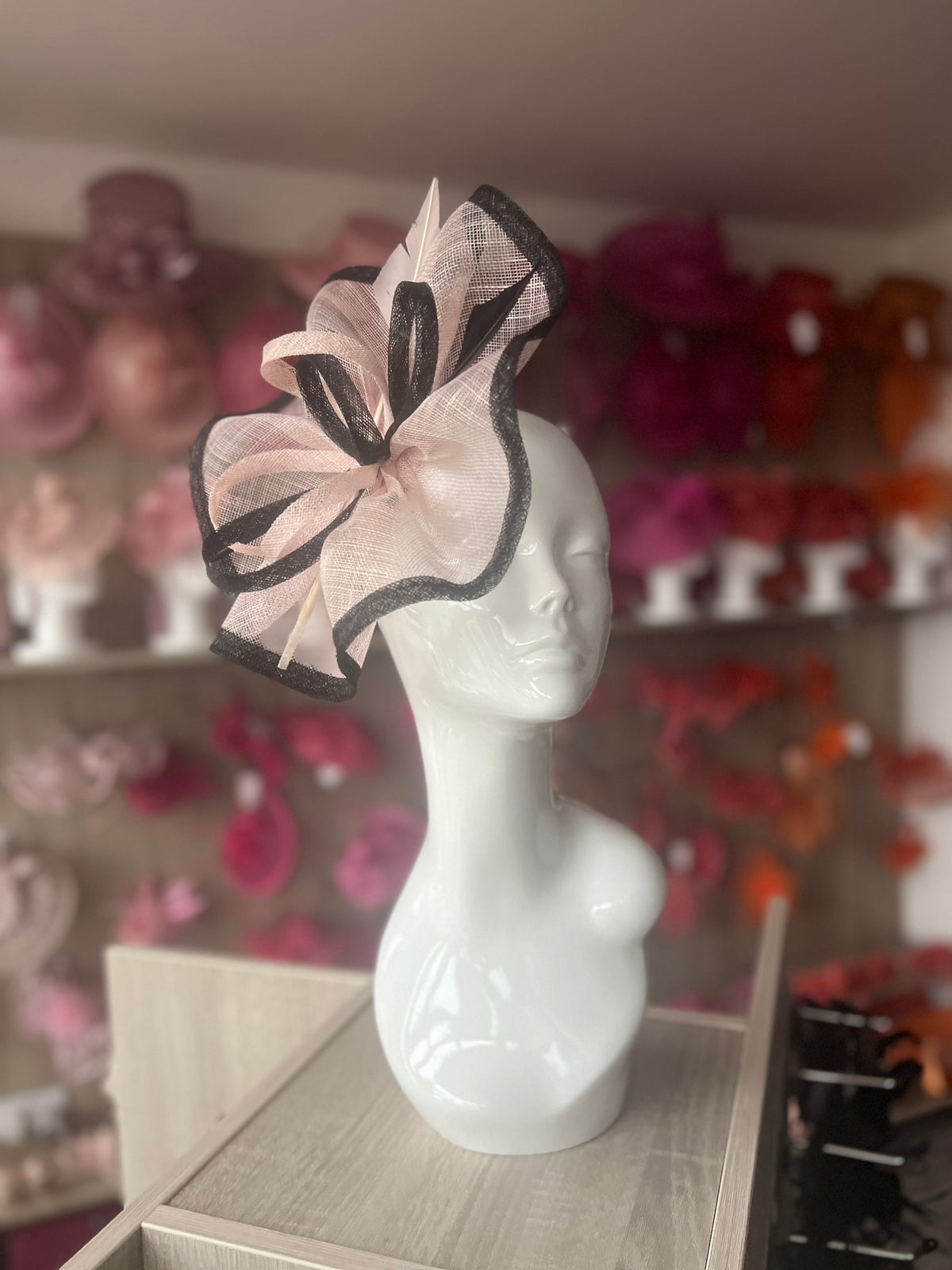 Light Pink &amp; Black Large Fascinator with Ruched Sinamay &amp; Feathers-Fascinators Direct