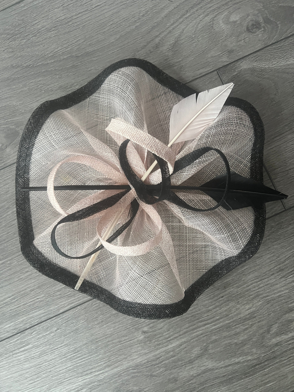 Light Pink &amp; Black Large Fascinator with Ruched Sinamay &amp; Feathers-Fascinators Direct