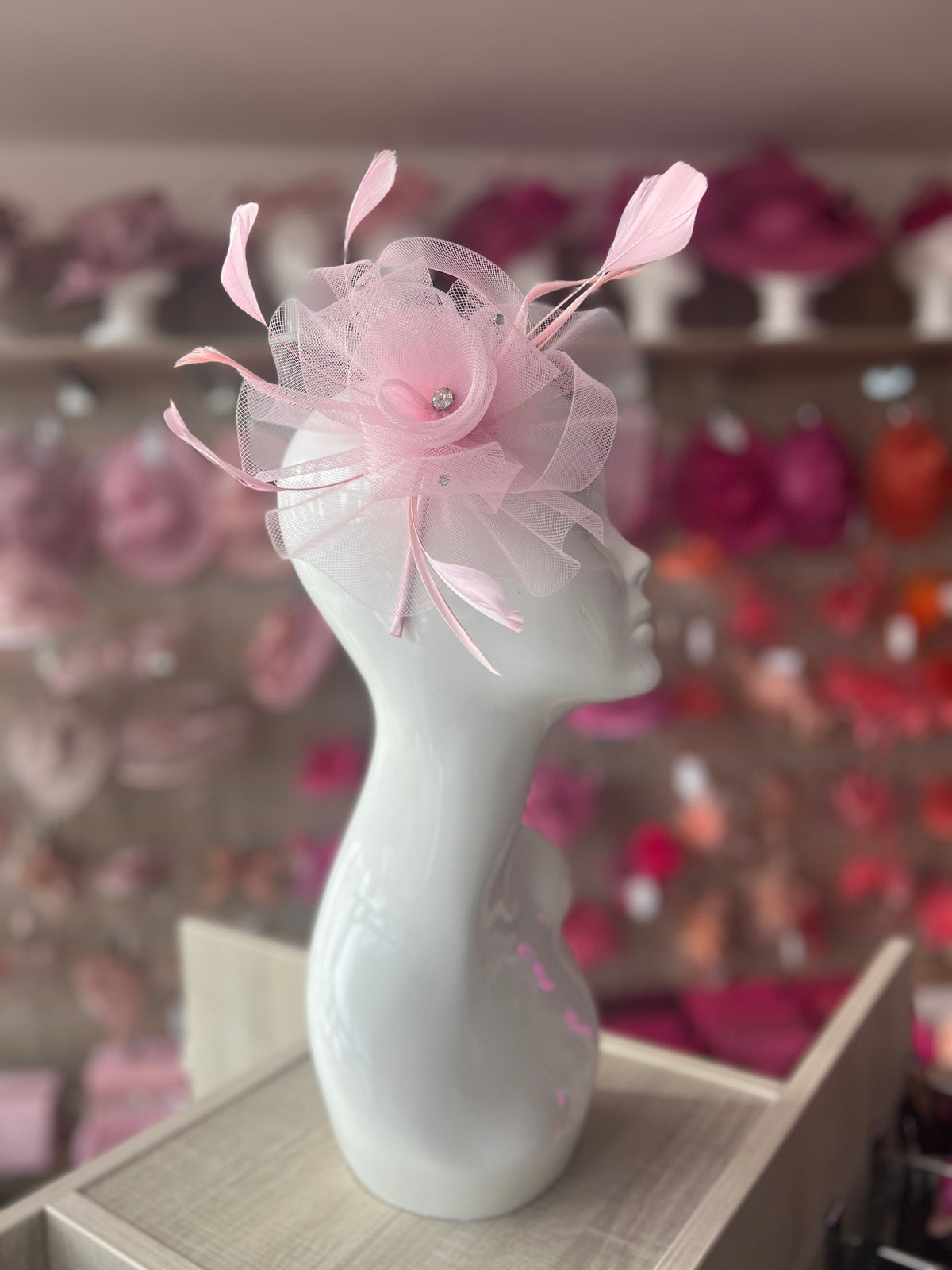 Light Pink Diamante Flower Fascinator With Feathers-Fascinators Direct