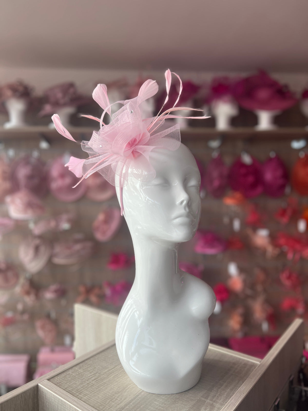 Light Pink Diamante Flower Fascinator With Feathers-Fascinators Direct