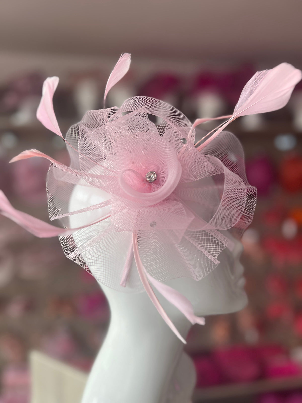 Light Pink Diamante Flower Fascinator With Feathers-Fascinators Direct