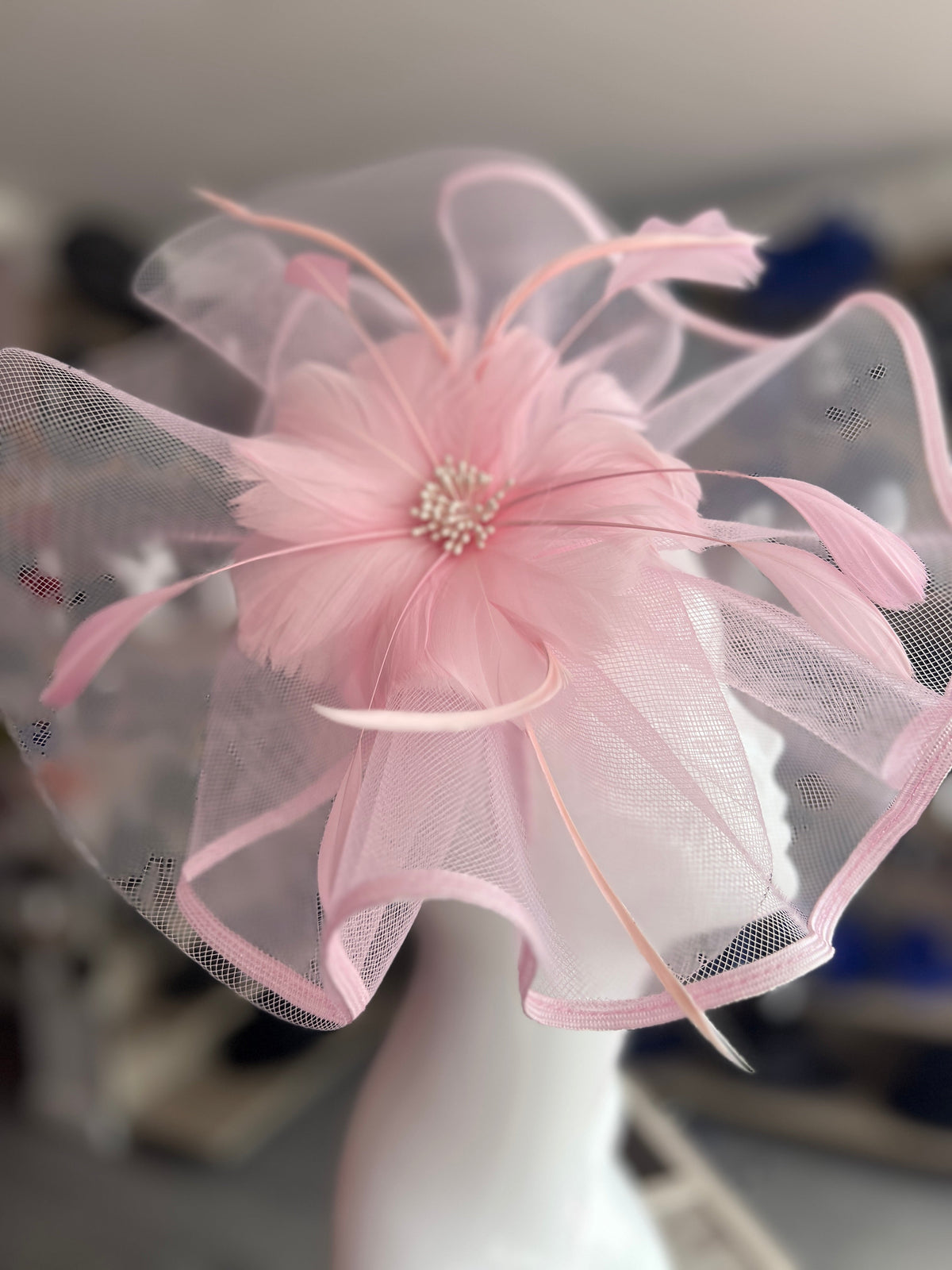 Light Pink Large Fascinator with Ruched Crinoline &amp; Flower-Fascinators Direct