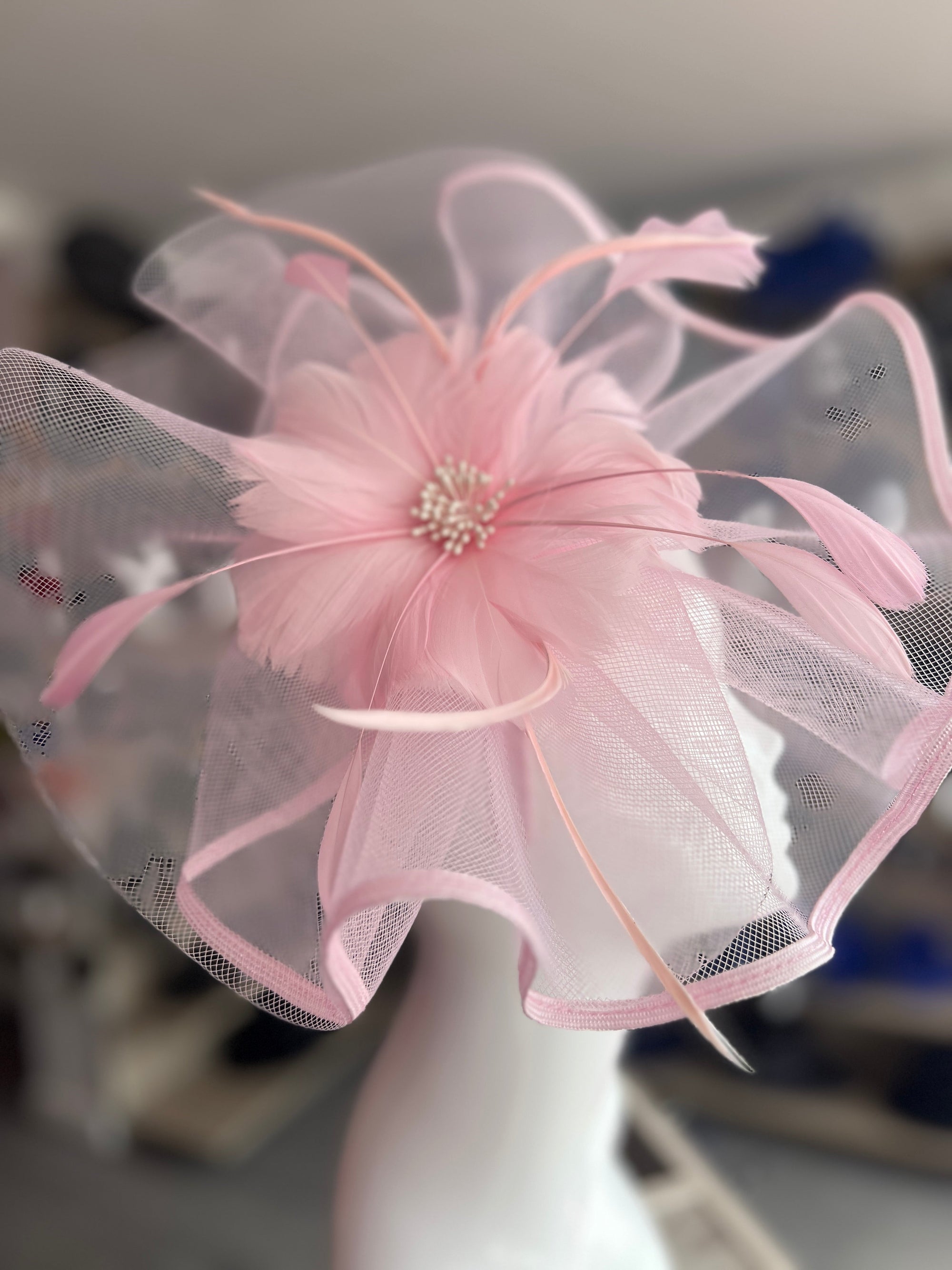 Light Pink Large Fascinator with Ruched Crinoline & Flower-Fascinators Direct