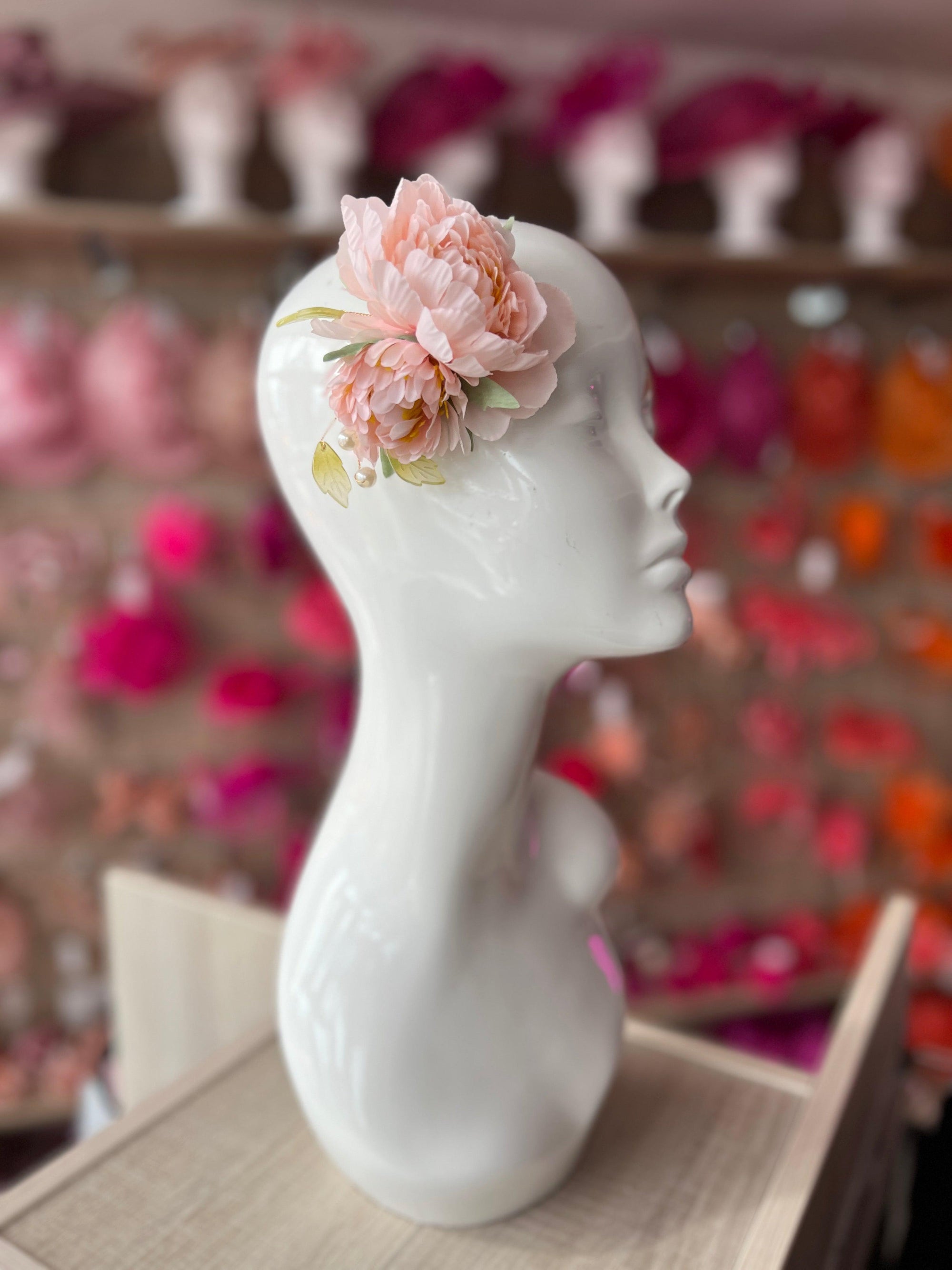 Light Pink Peony Flower Hair Clip with Pearls & Leafs-Fascinators Direct