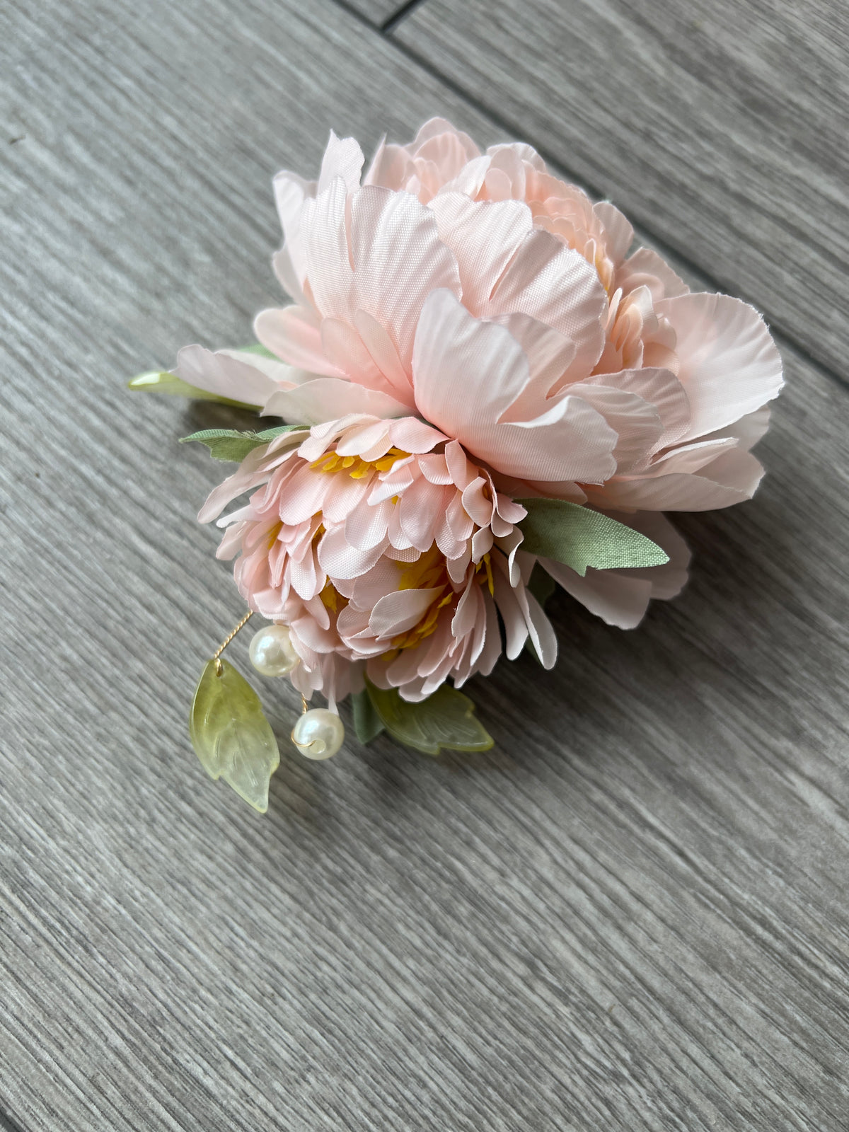 Light Pink Peony Flower Hair Clip with Pearls &amp; Leafs-Fascinators Direct