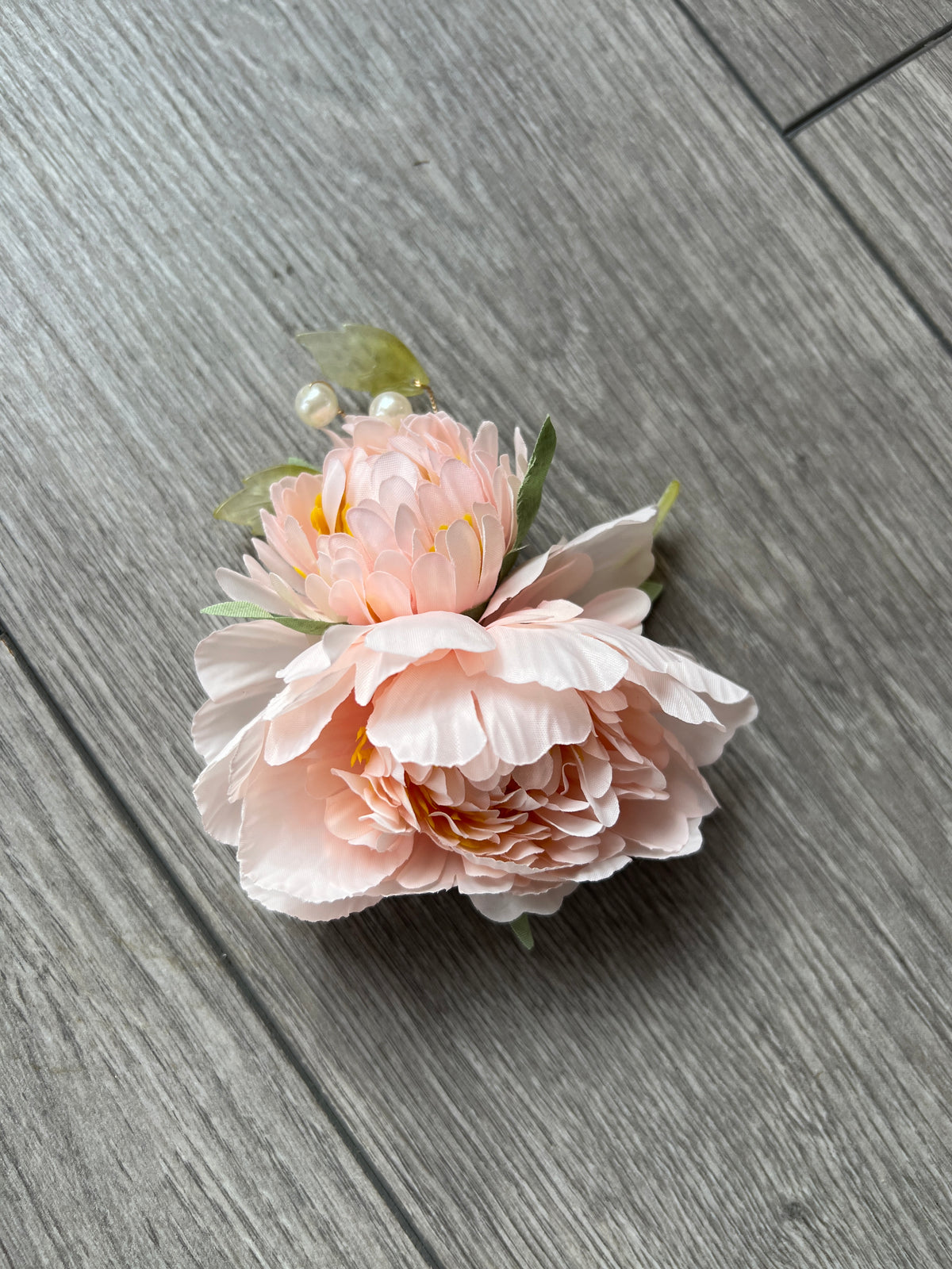 Light Pink Peony Flower Hair Clip with Pearls &amp; Leafs-Fascinators Direct