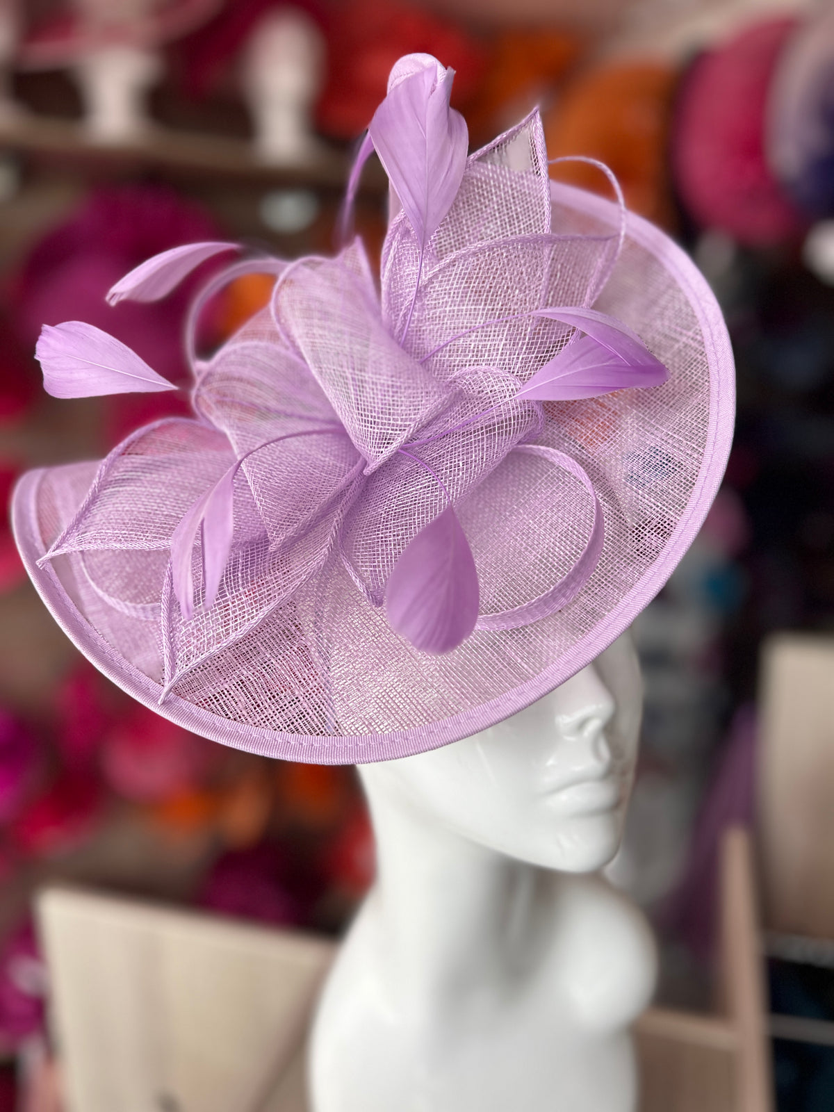 Lilac Asymmetric Disc Fascinator With Feathers-Fascinators Direct