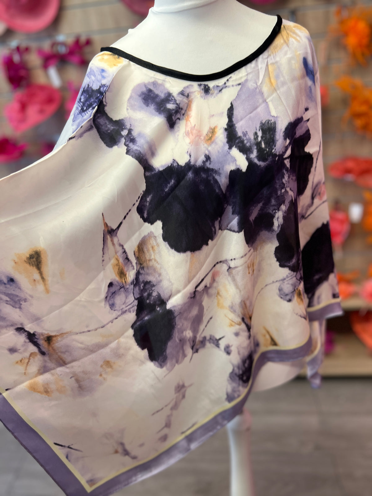 Lilac &amp; Beige Patterned Silky Summer Poncho-Fascinators Direct