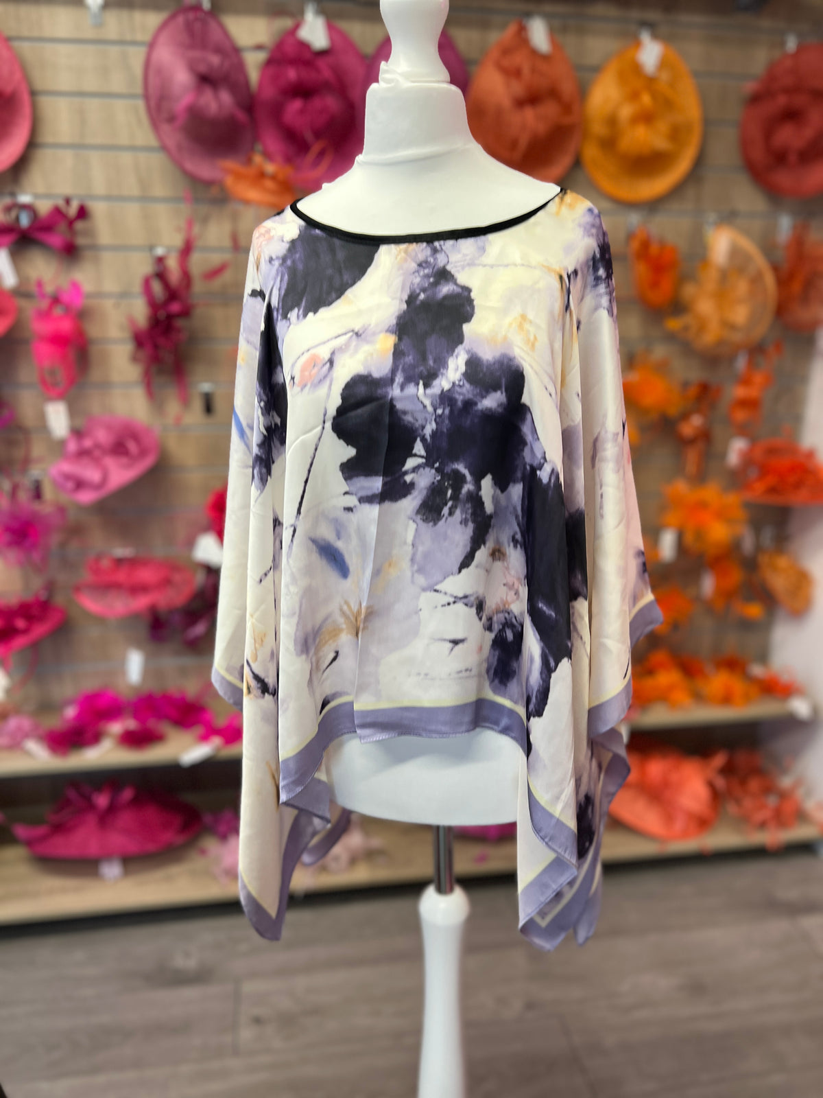 Lilac &amp; Beige Patterned Silky Summer Poncho-Fascinators Direct