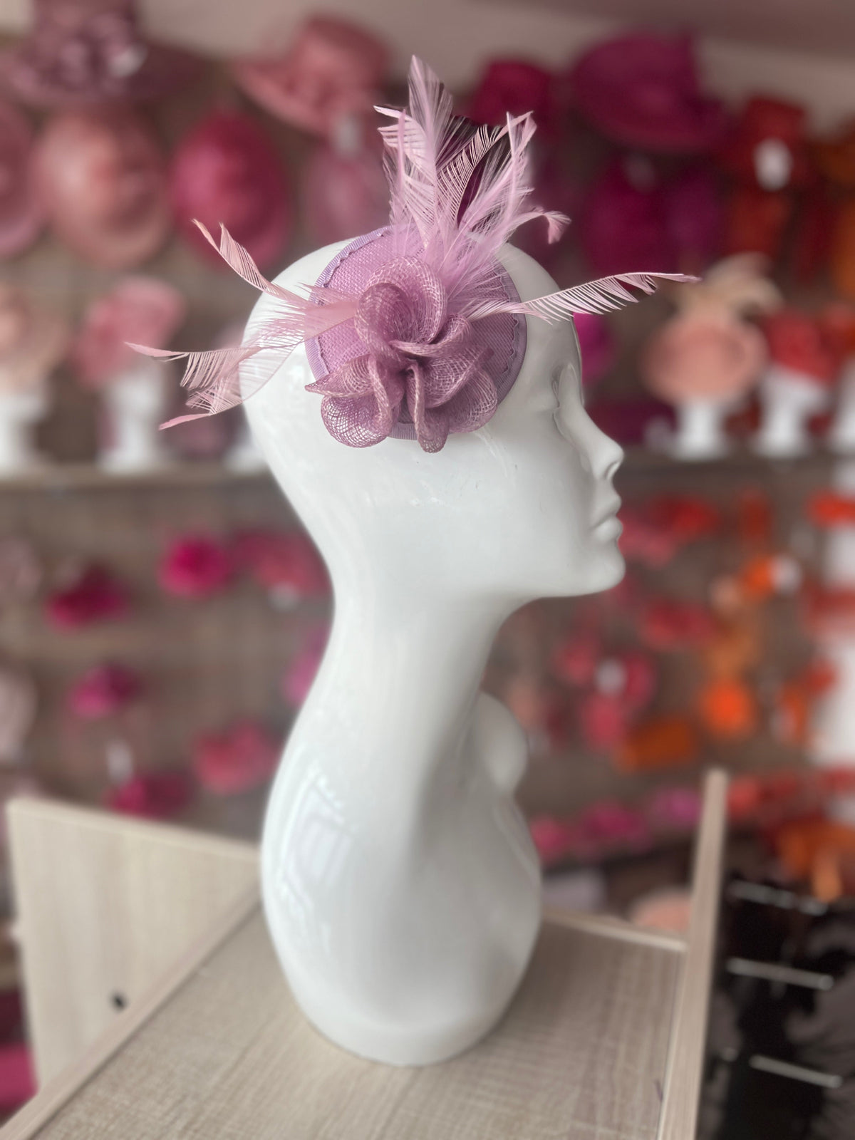 Lilac Disc Fascinator with Sinamay Flowers &amp; Feathers-Fascinators Direct