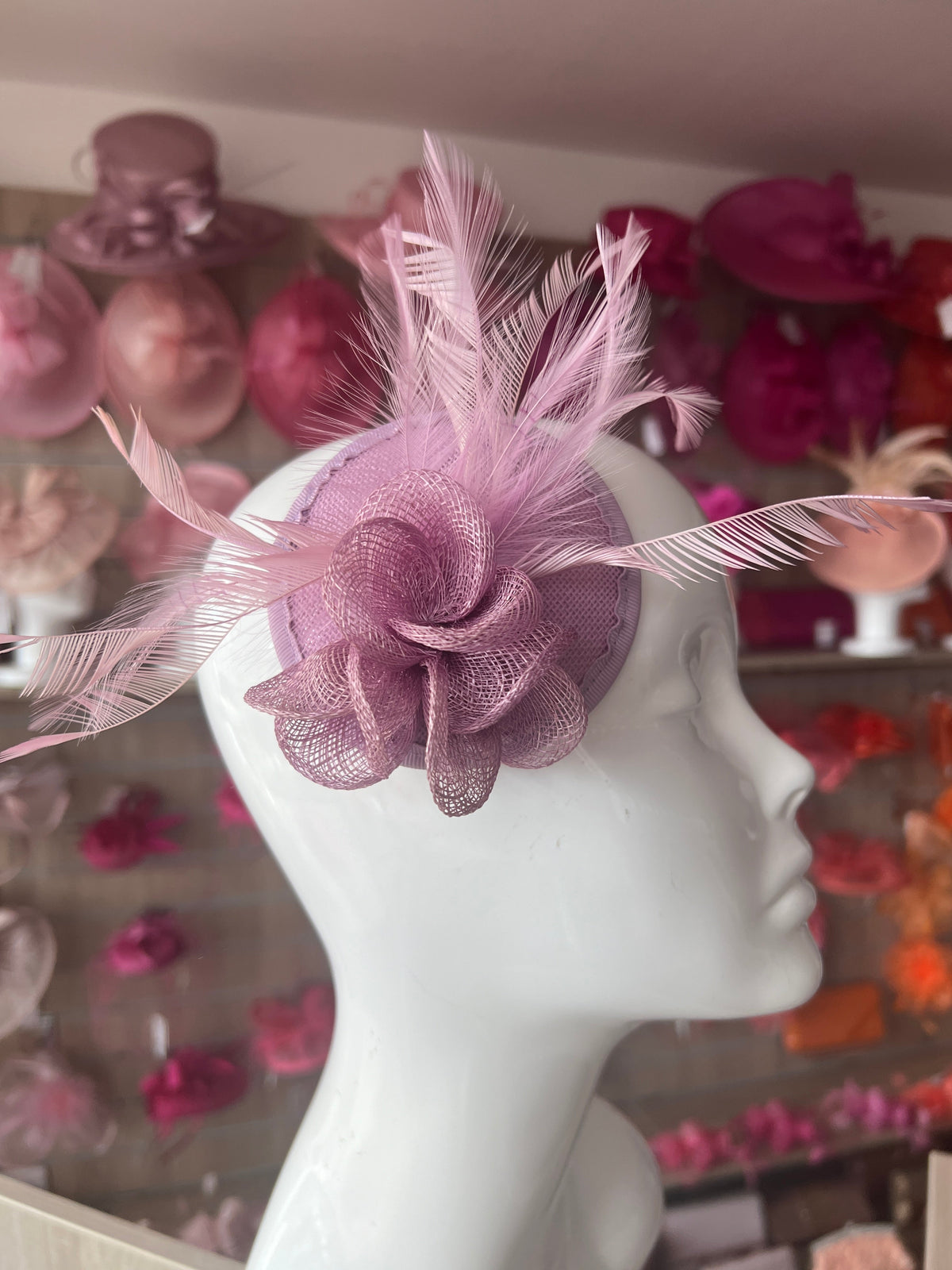Lilac Disc Fascinator with Sinamay Flowers &amp; Feathers-Fascinators Direct
