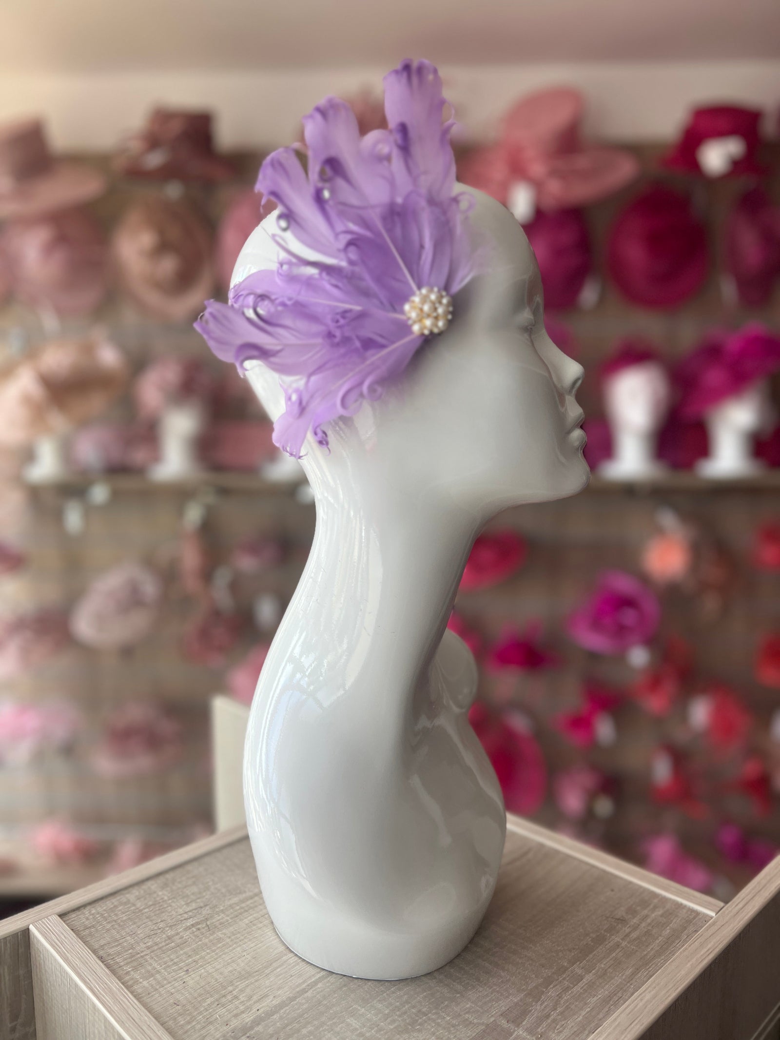 Lilac Fascinator Clip with Vintage Feathers & Pearls-Fascinators Direct