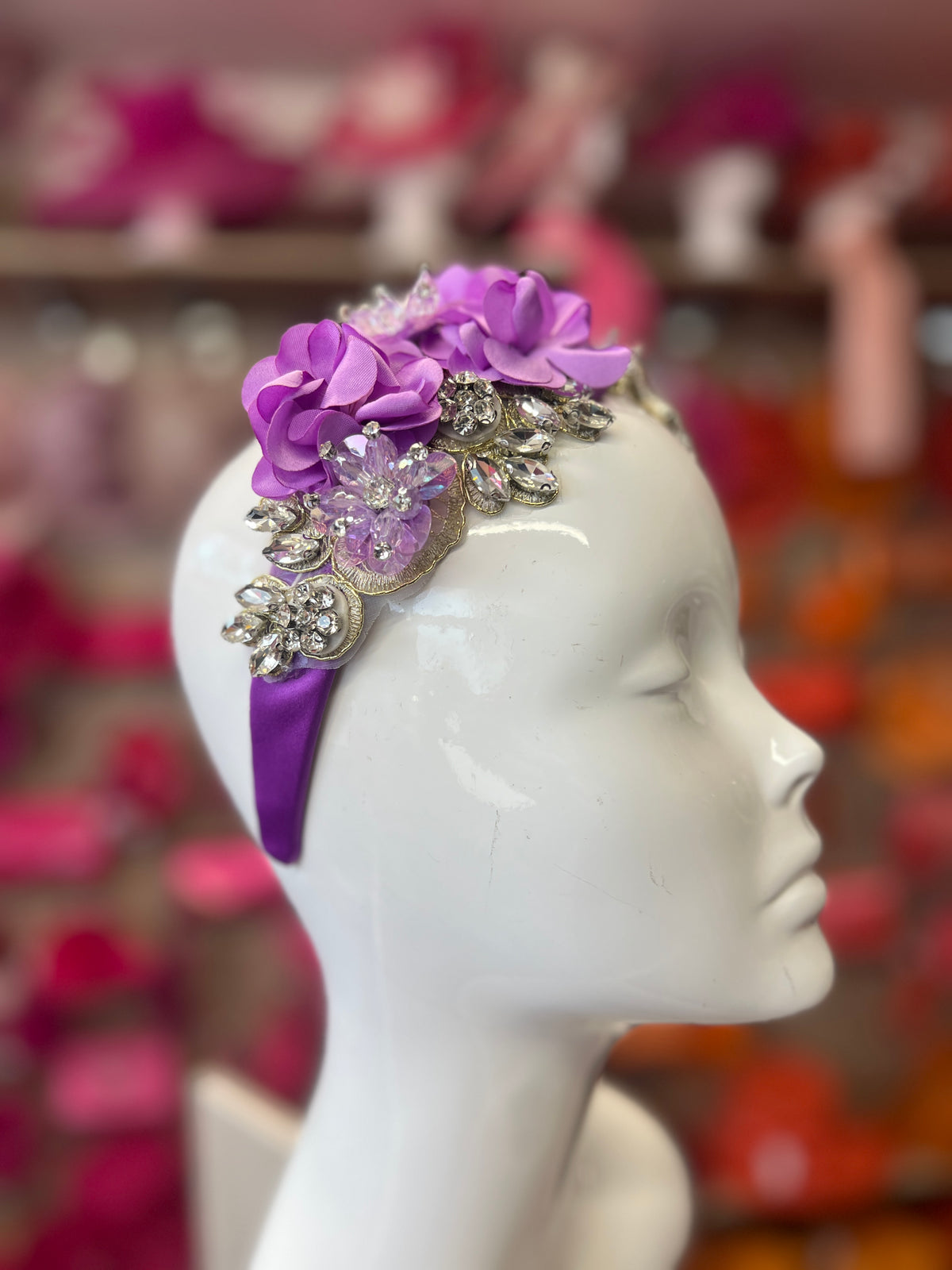 Lilac Flower Headband With Pearls &amp; Diamantes-Fascinators Direct