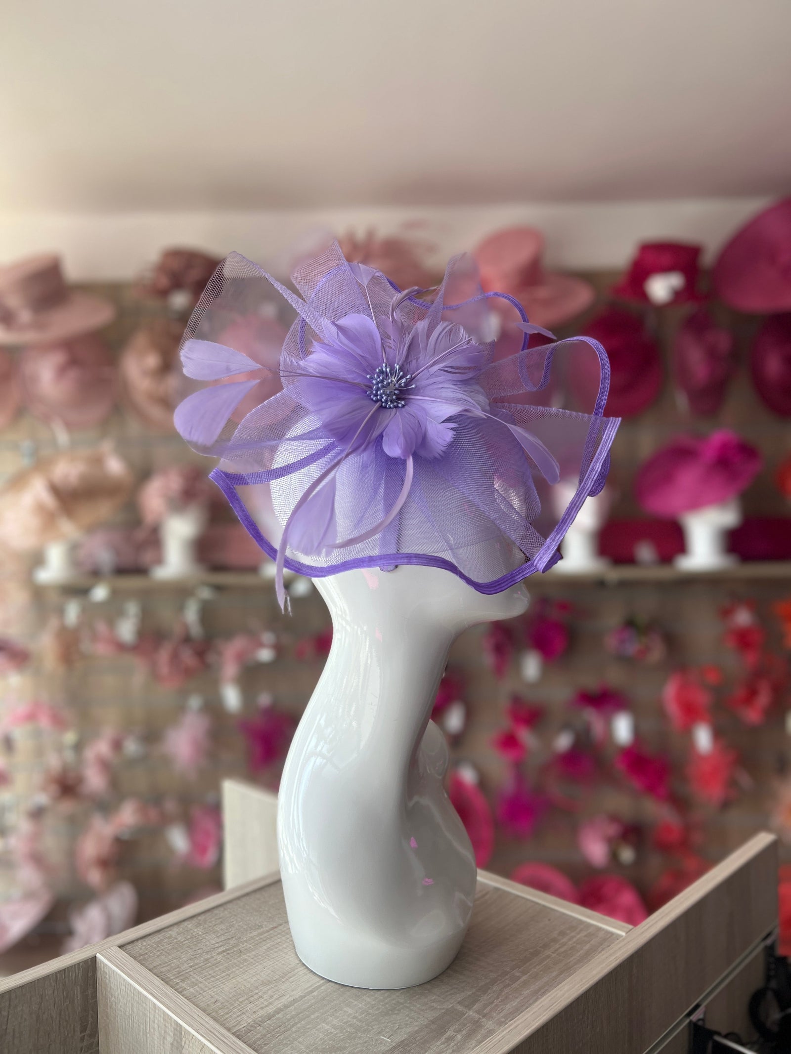 Lilac Large Fascinator with Ruched Crinoline & Flower-Fascinators Direct
