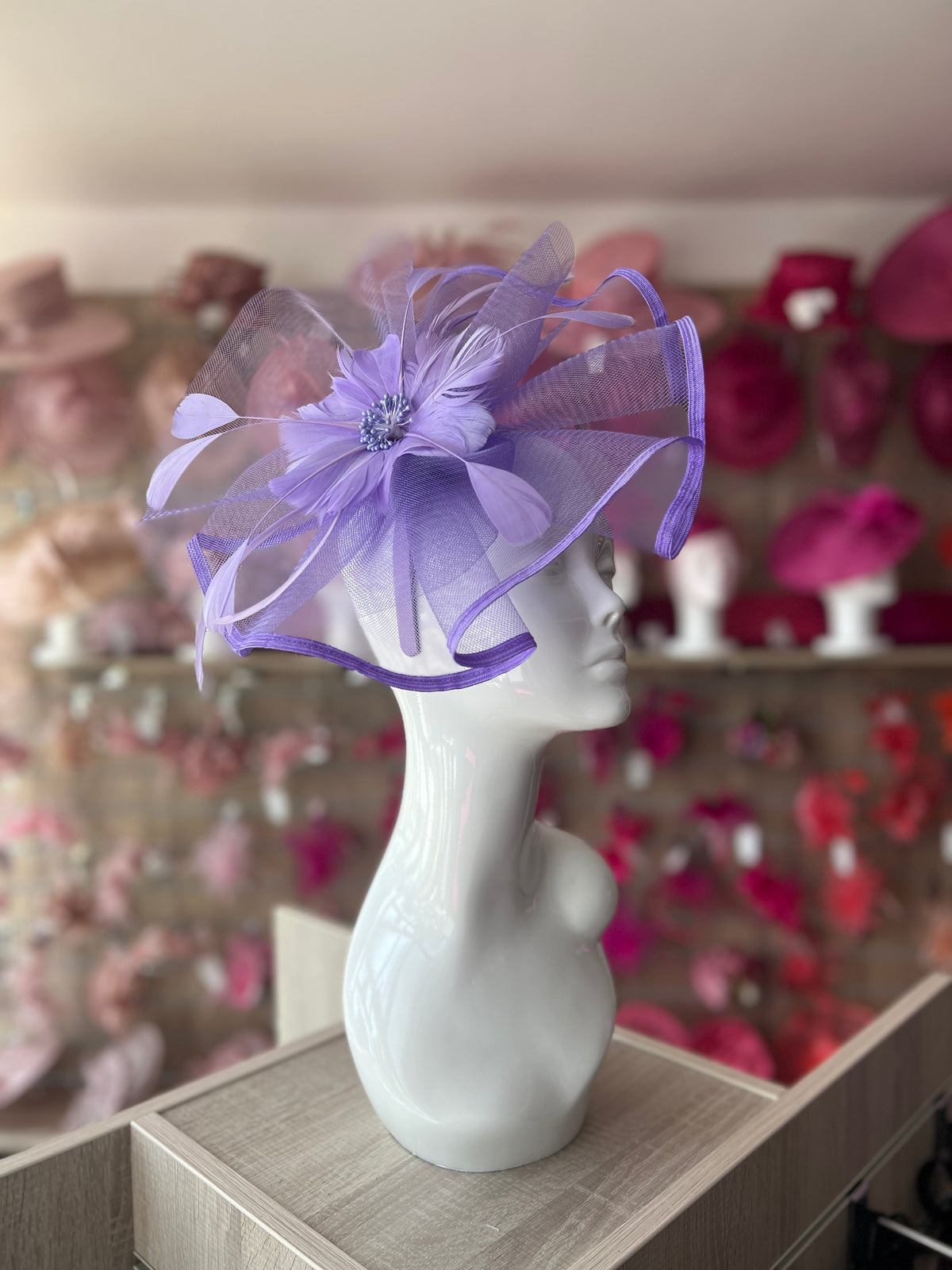 Lilac Large Fascinator with Ruched Crinoline &amp; Flower-Fascinators Direct