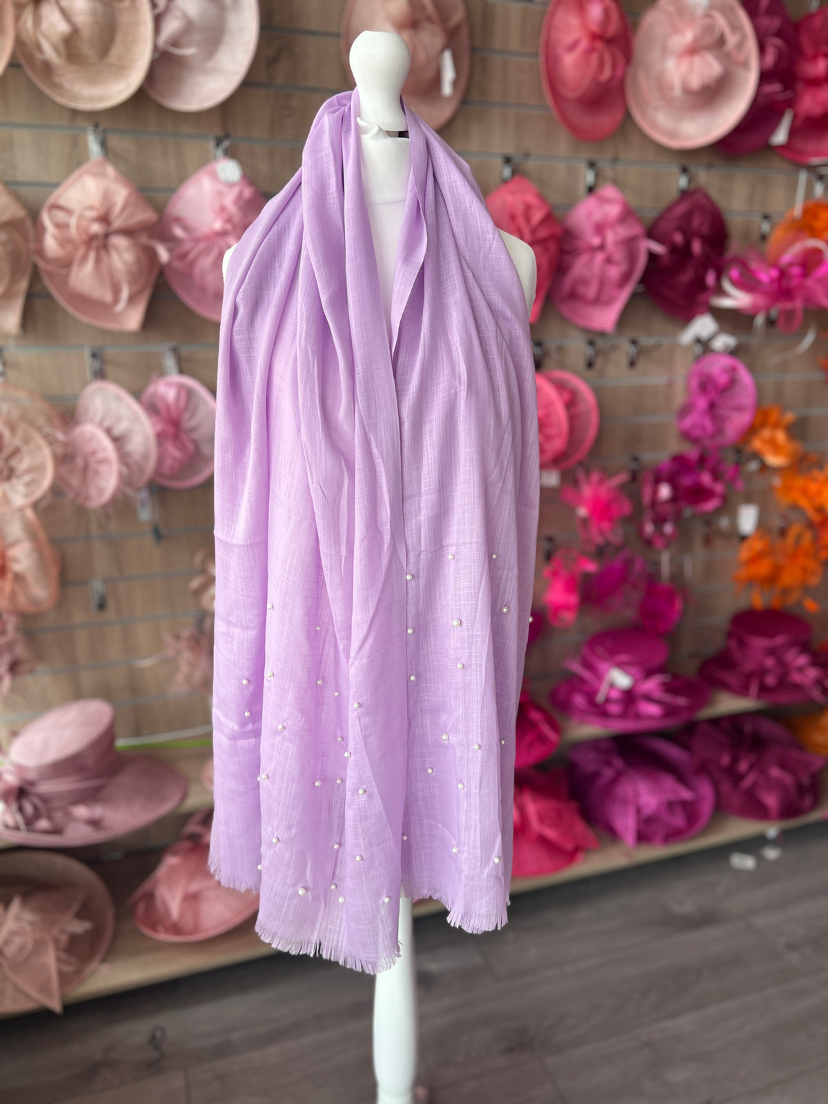 Lilac Pashmina Scarf With Pearl Detail-Fascinators Direct