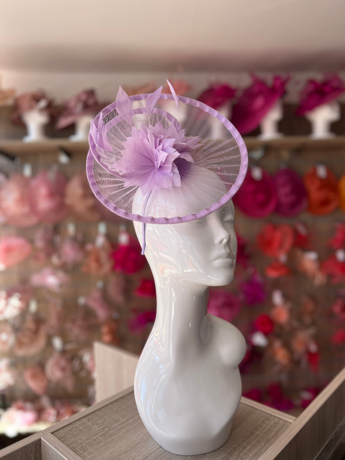 Lilac Pleated Spiral Fascinator With Feather Flower-Fascinators Direct