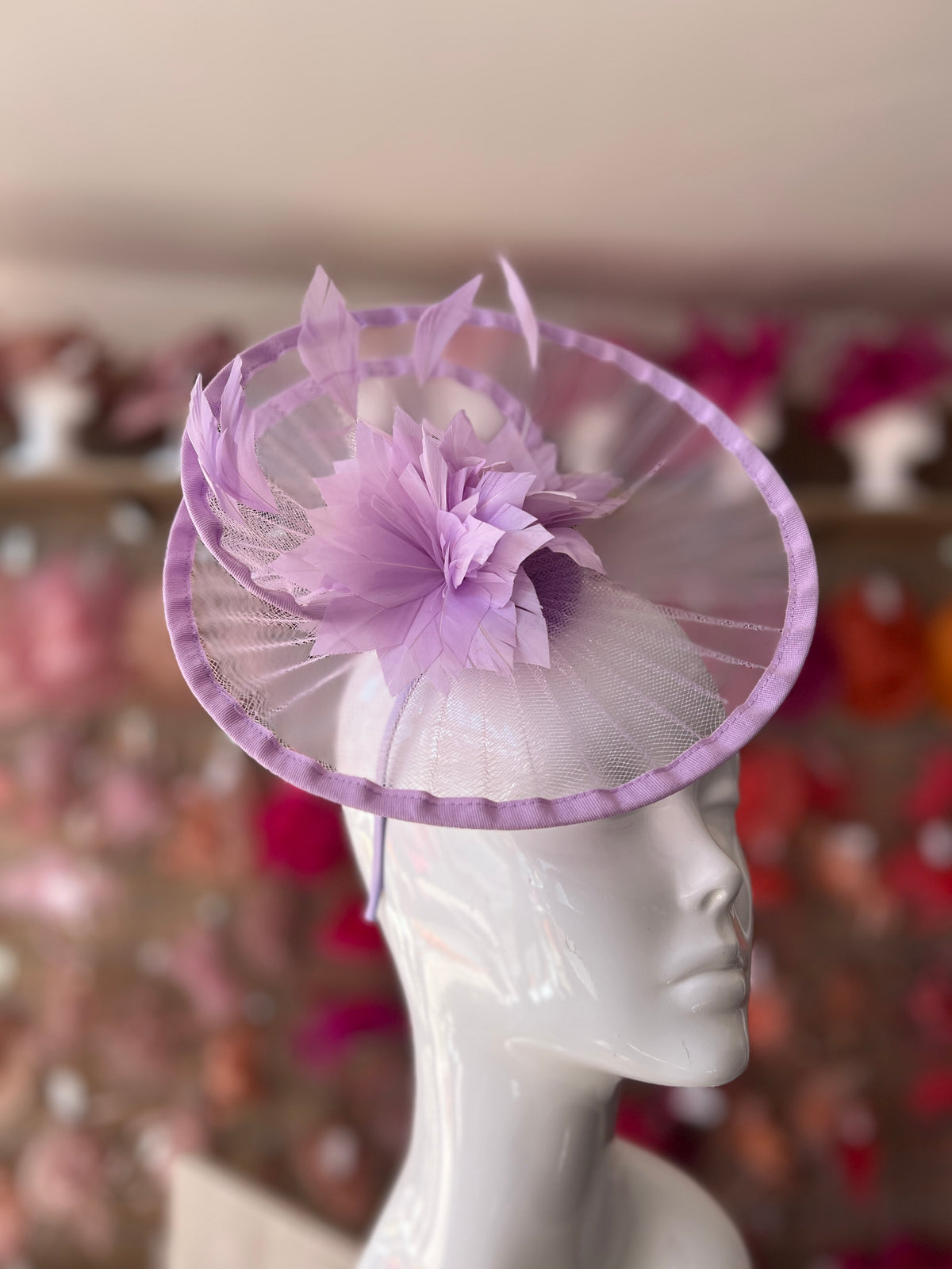Lilac Pleated Spiral Fascinator With Feather Flower-Fascinators Direct