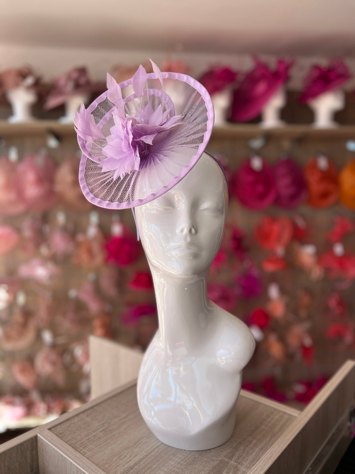 Lilac Pleated Spiral Fascinator With Feather Flower-Fascinators Direct