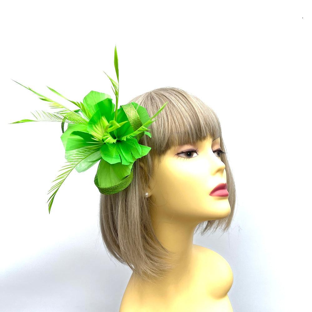 Lime Fascinator with Loops & Feather Flower-Fascinators Direct