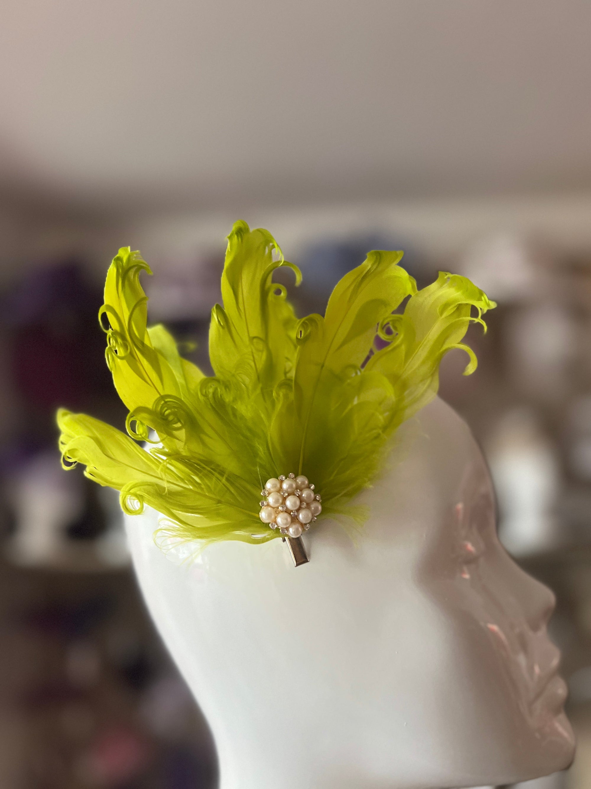 Lime Green Fascinator Clip with Vintage Feathers & Pearls-Fascinators Direct